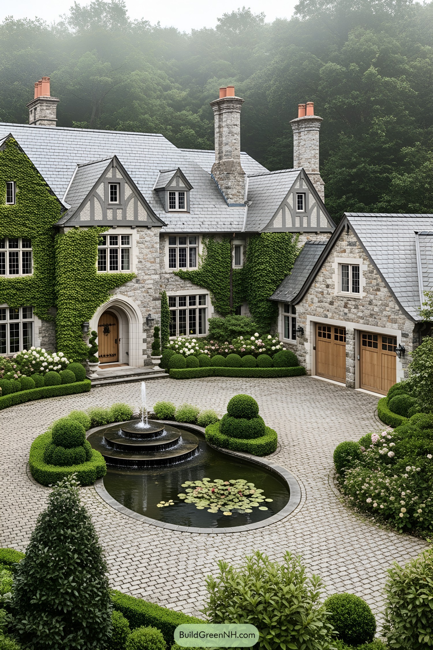 Large stone mansion with ivy-covered walls, circular driveway, and central fountain
