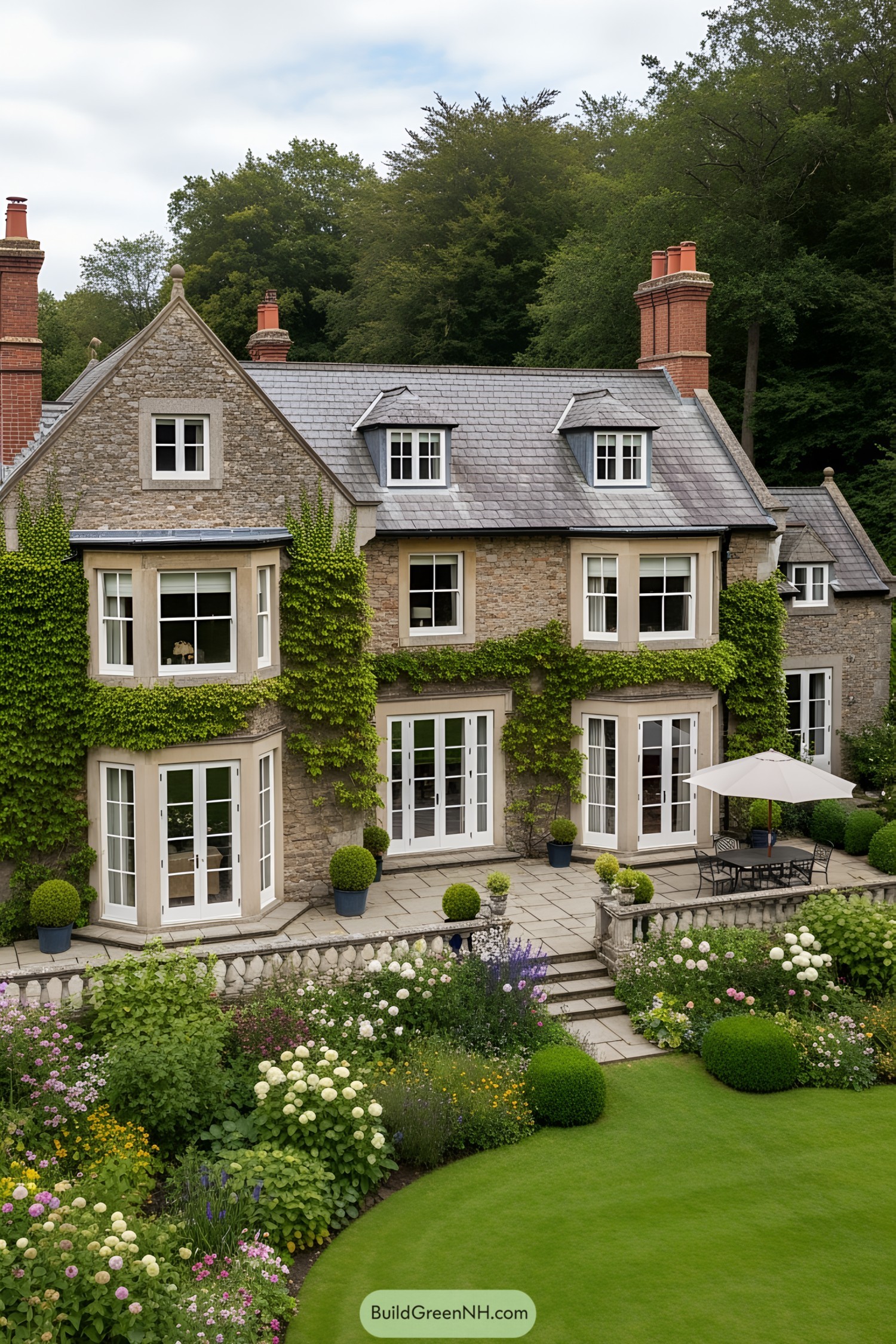 Charming stone mansion with lush greenery