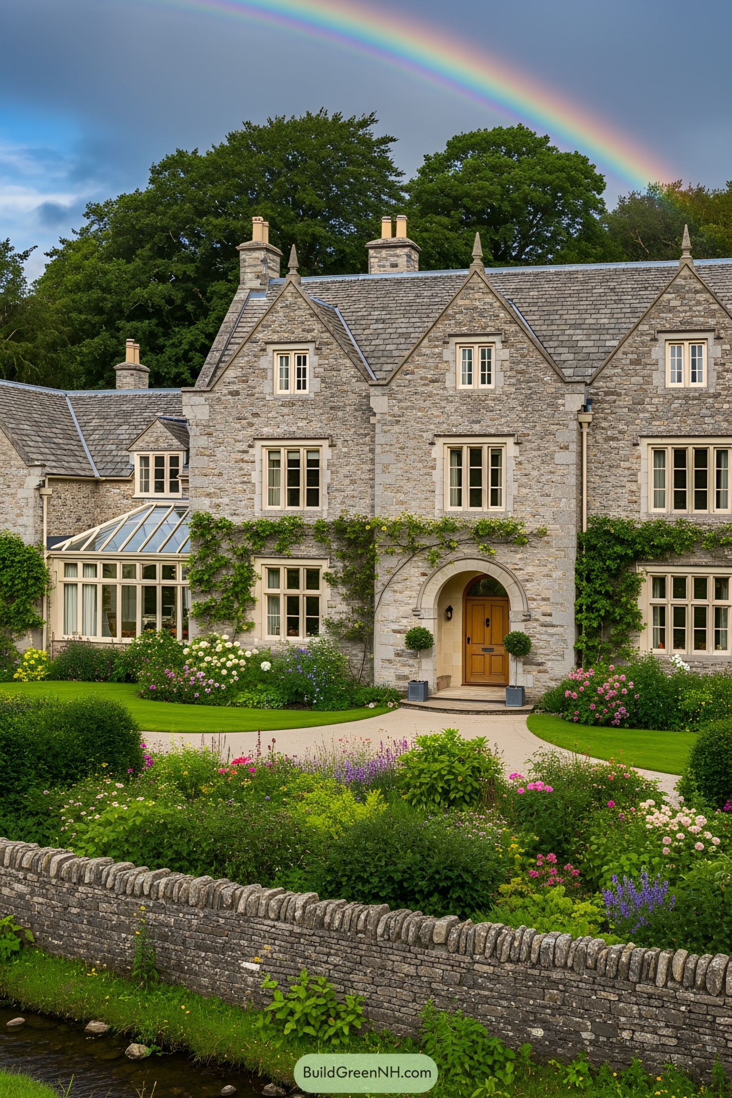 Charming stone mansion with rainbow in the background
