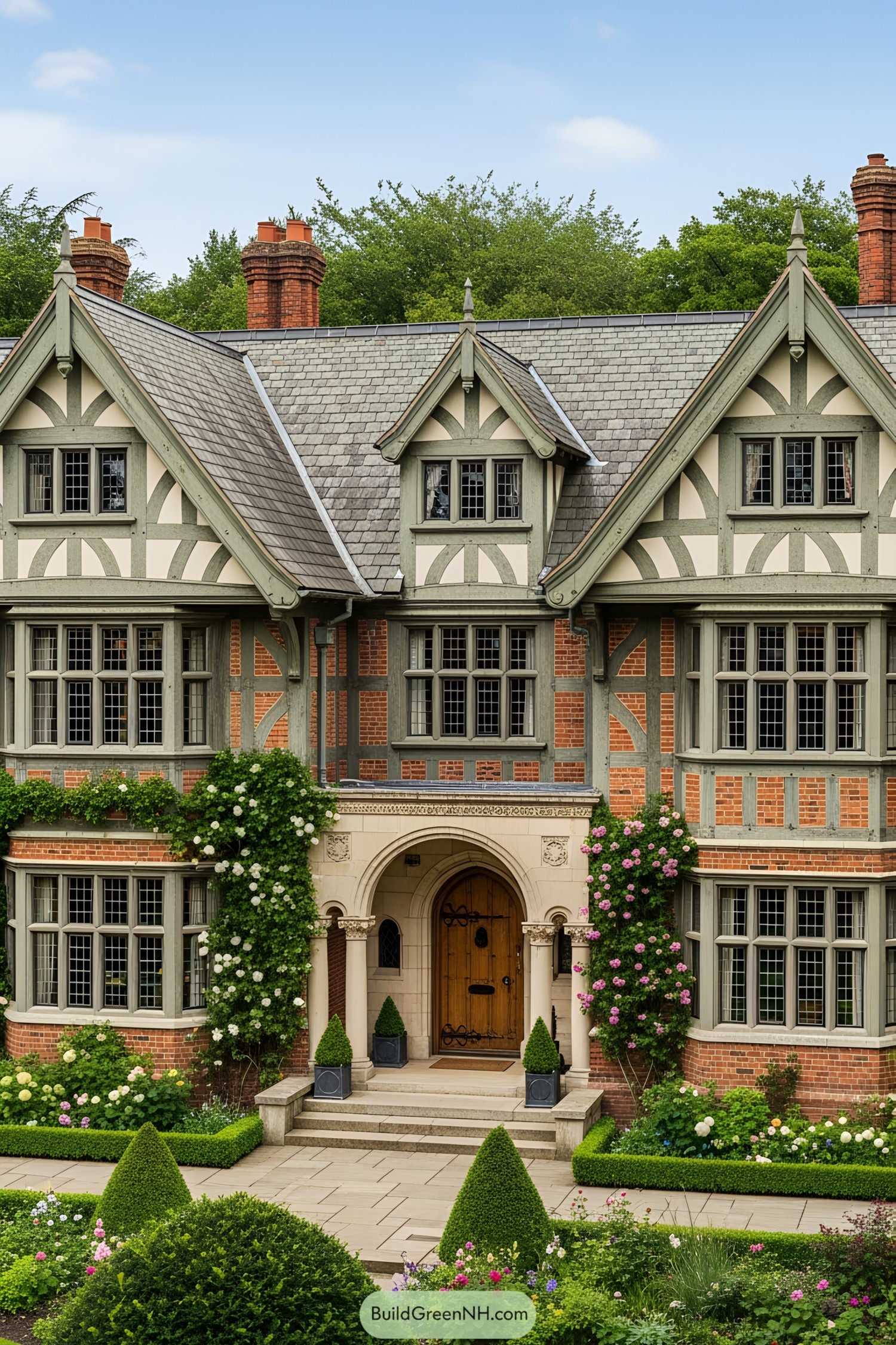 Quaint stone mansion with lush greenery and ornate details
