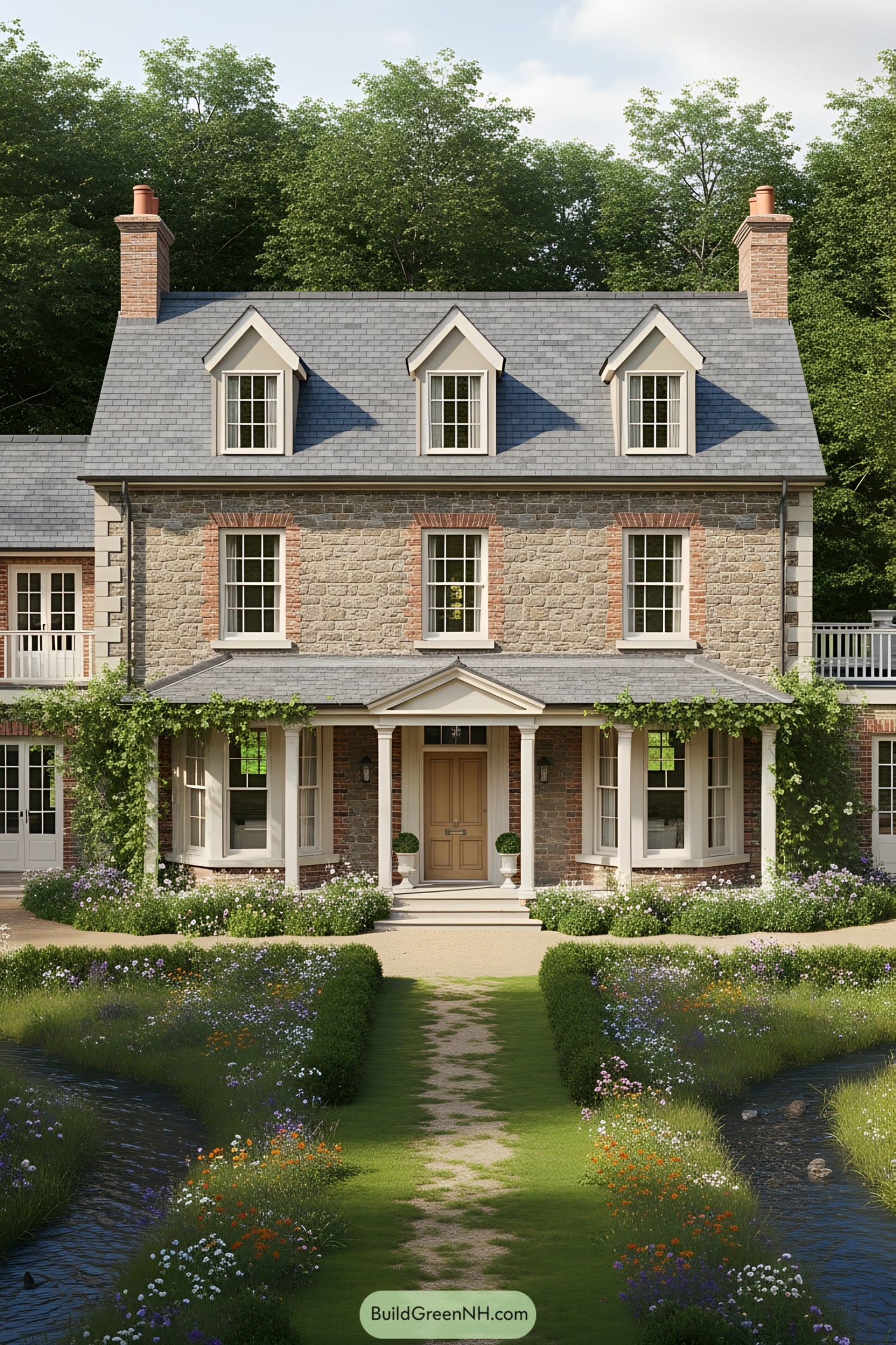 Elegant stone manor surrounded by lush gardens