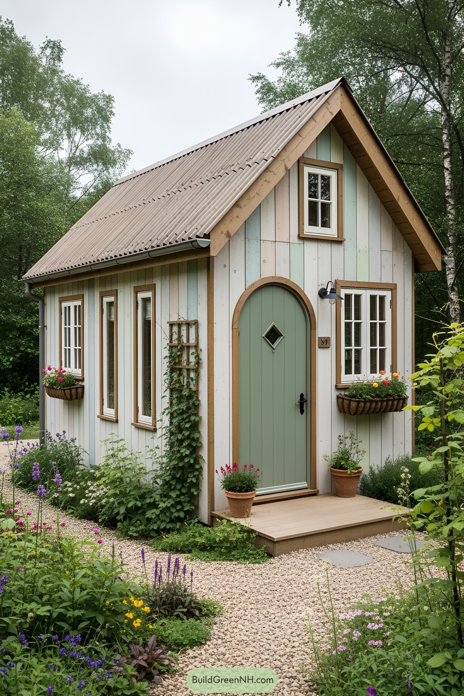 A charming tiny house with a pastel-striped exterior and lush garden surroundings