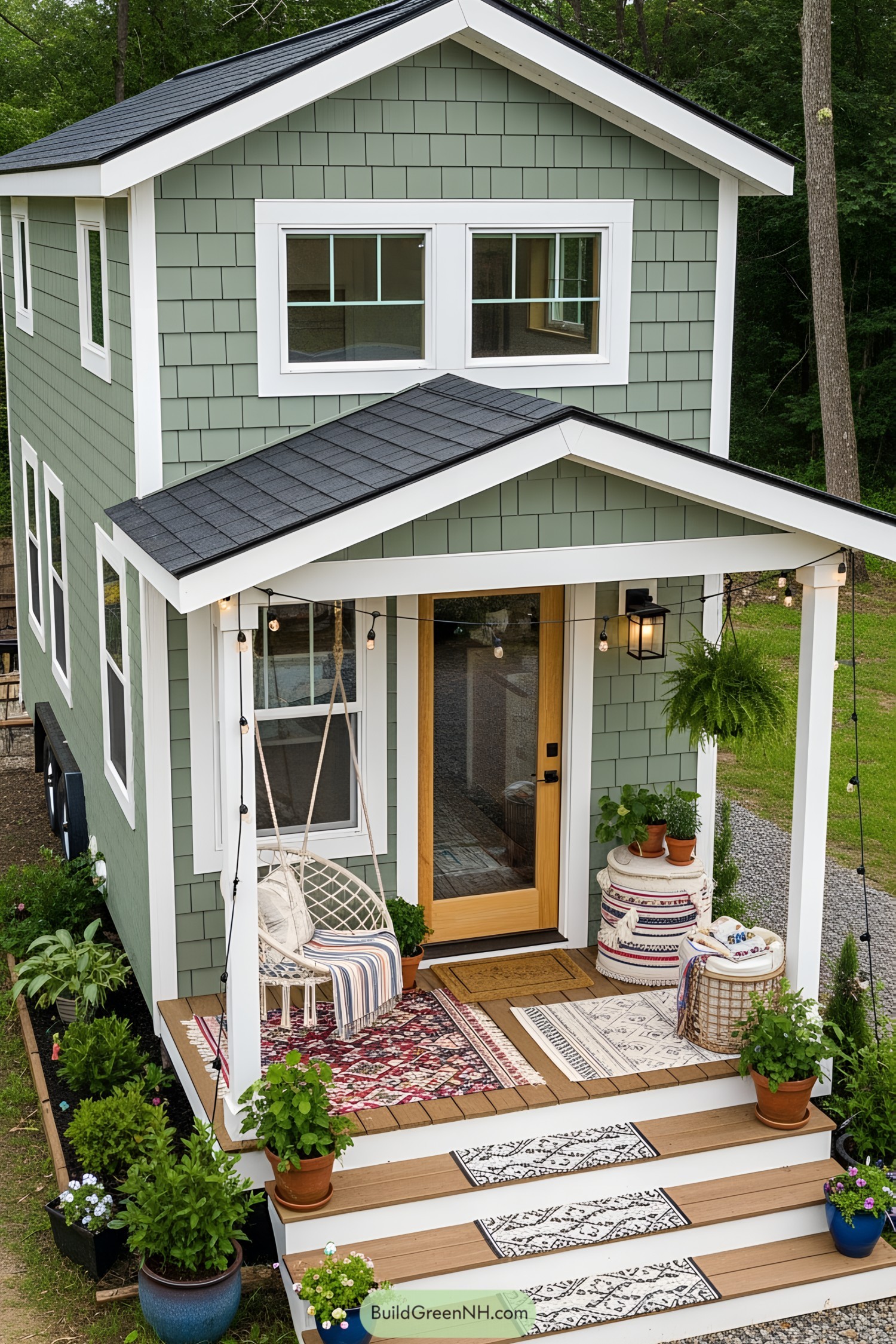 Tiny house with green siding and cozy porch