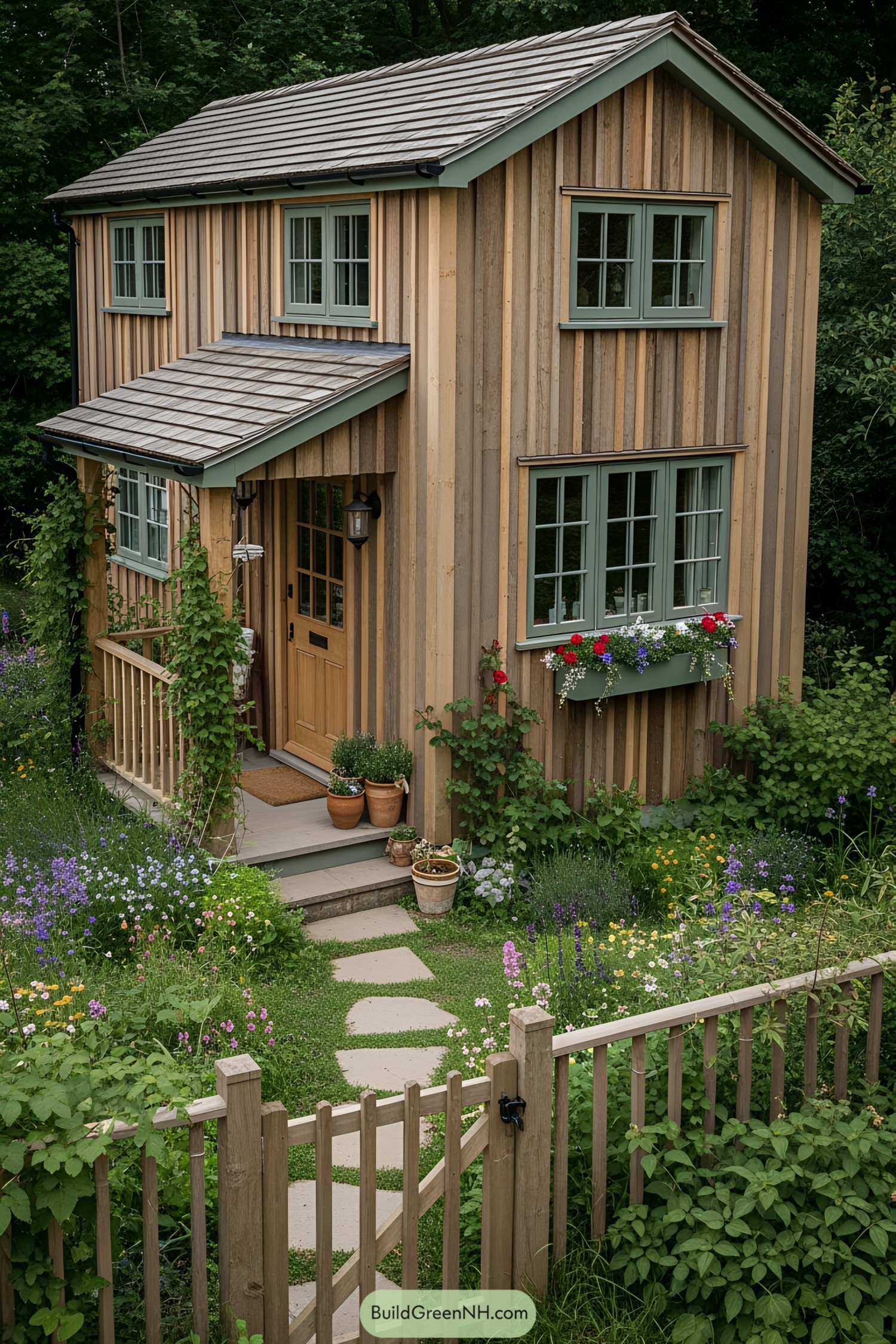 Tiny wooden house with lush garden