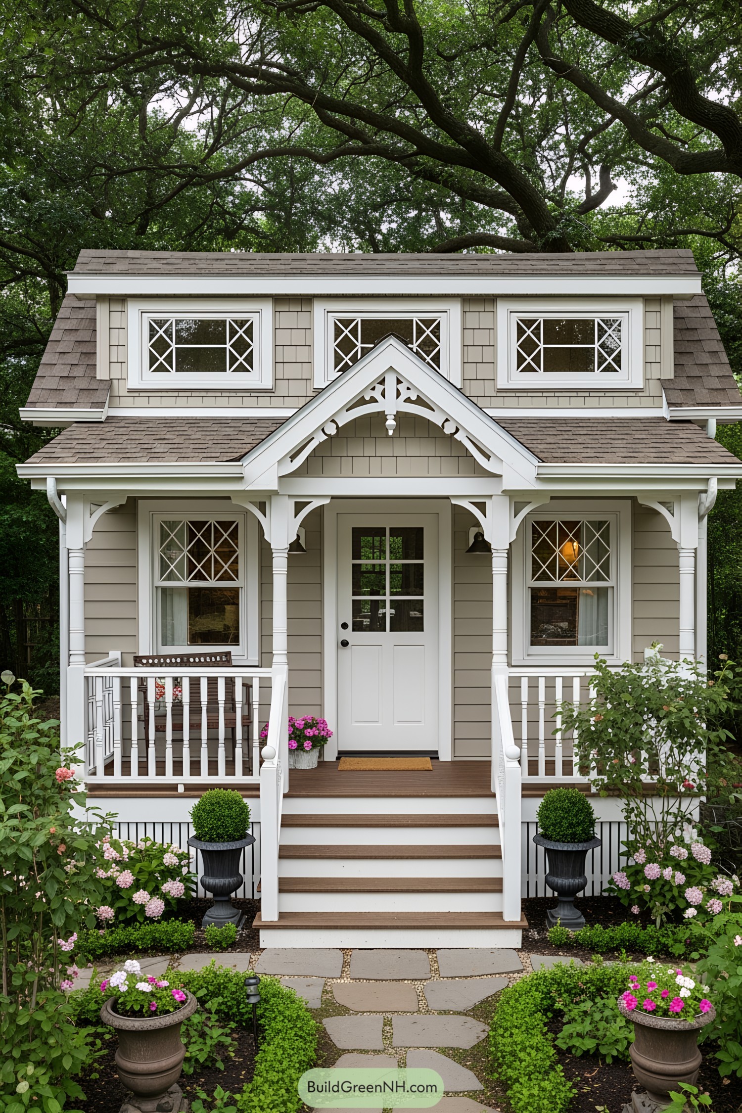 Tiny house with a charming porch and lush garden