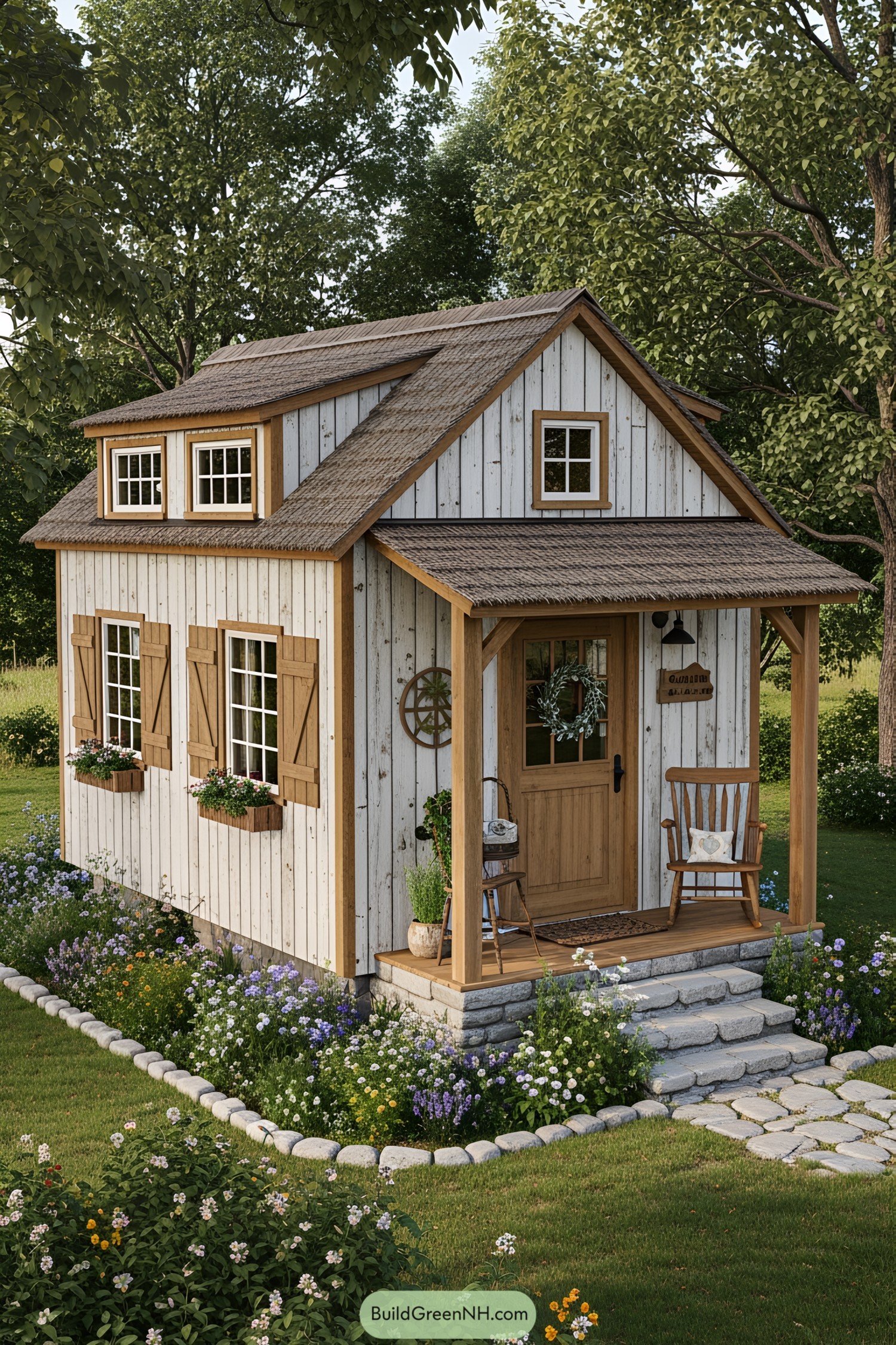 Tiny wooden house surrounded by lush greenery and flowers