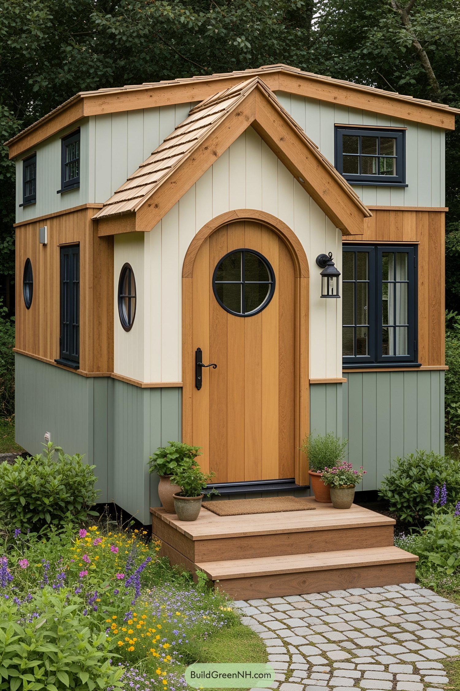 Charming tiny house with a wooden arch door