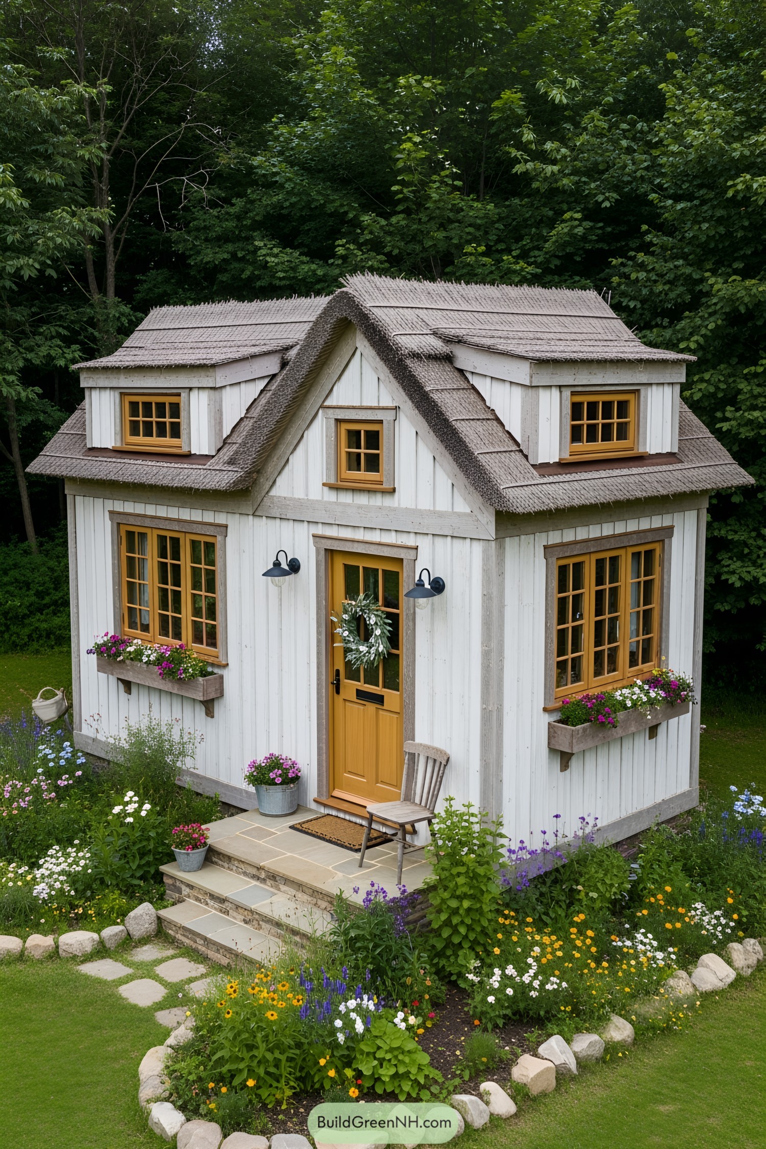 Charming small cottage with flower boxes and rustic decor