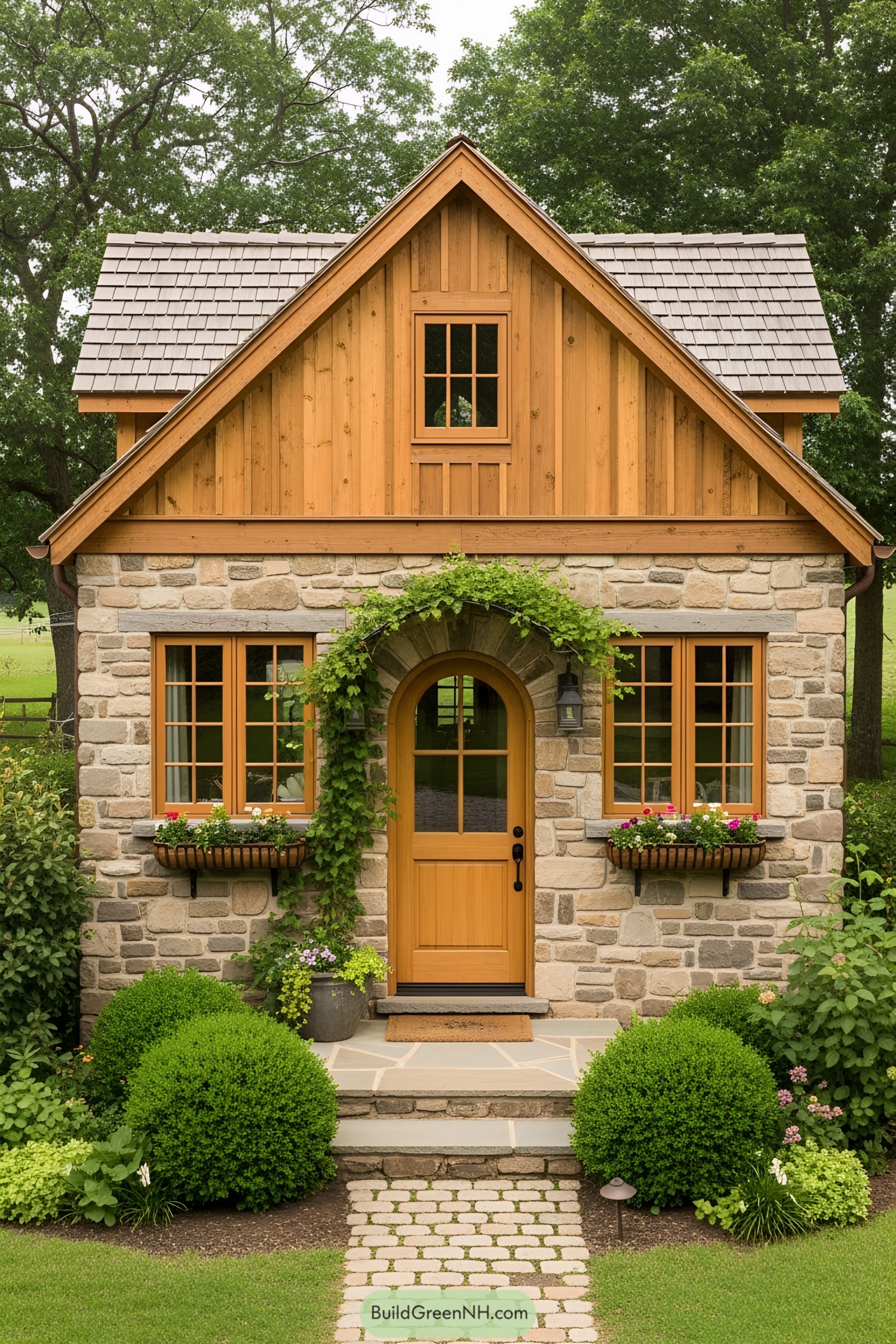 Charming tiny house with stone facade and arched door