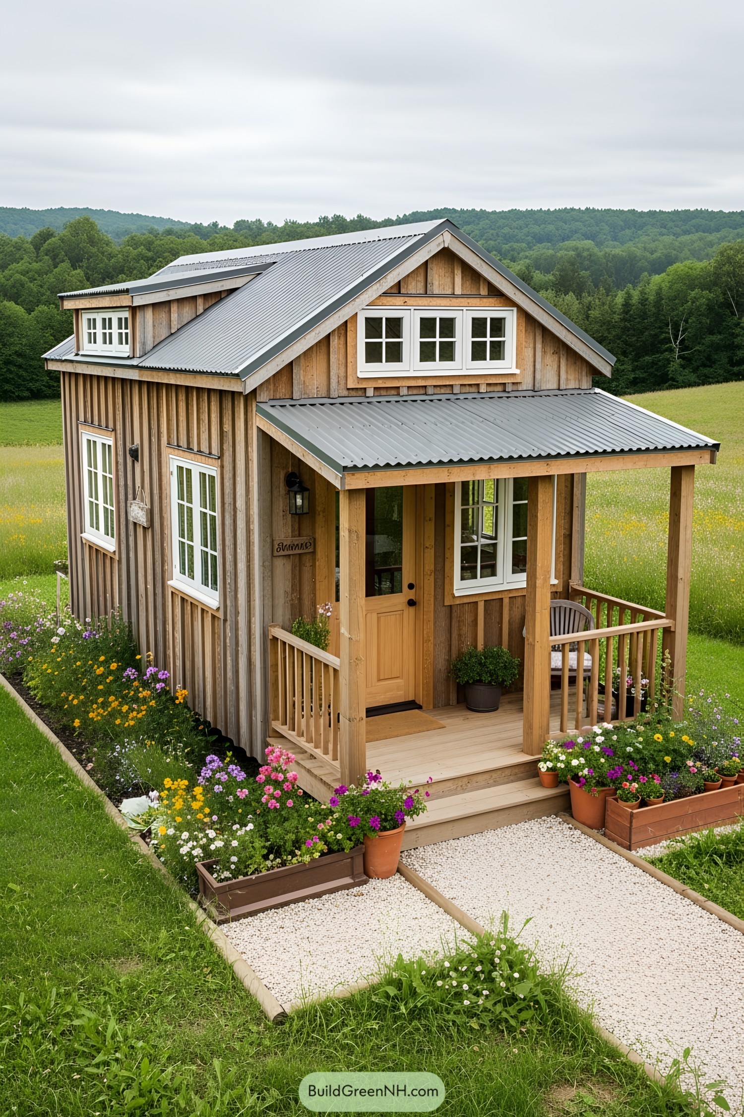 Tiny wooden house with potted flowers