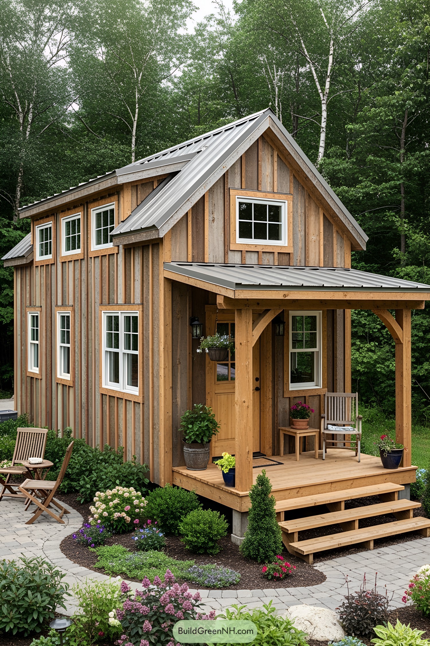 Tiny wooden house with a porch and garden