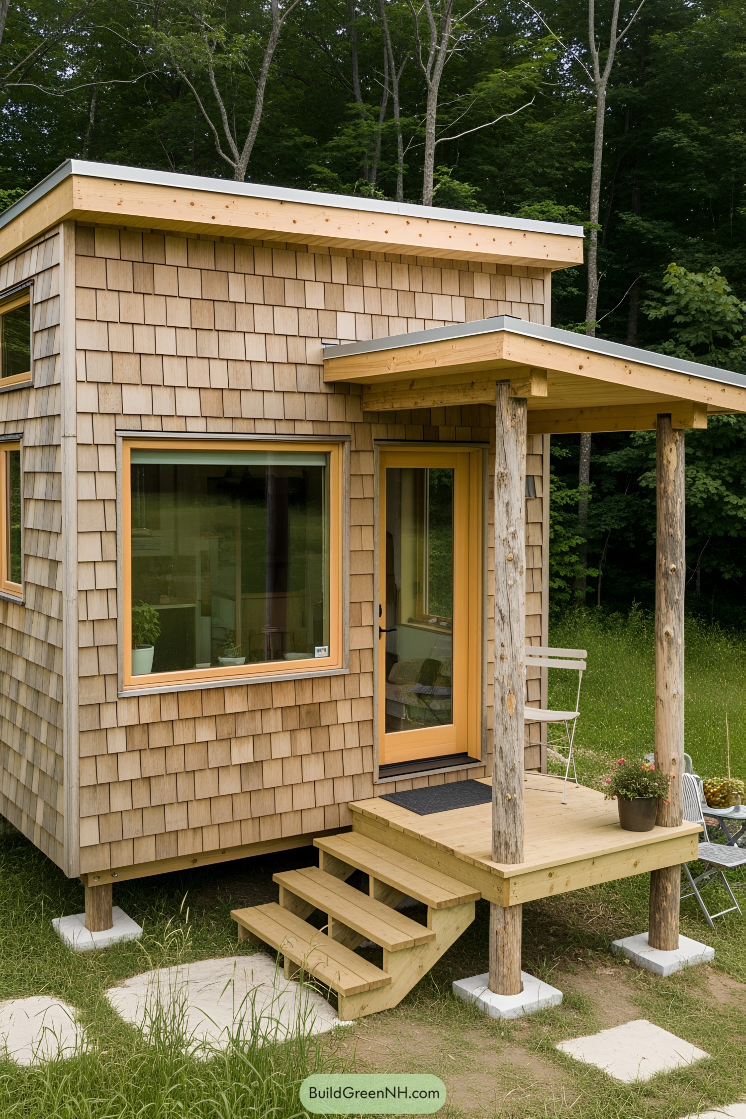 Tiny house with wooden siding and a small porch