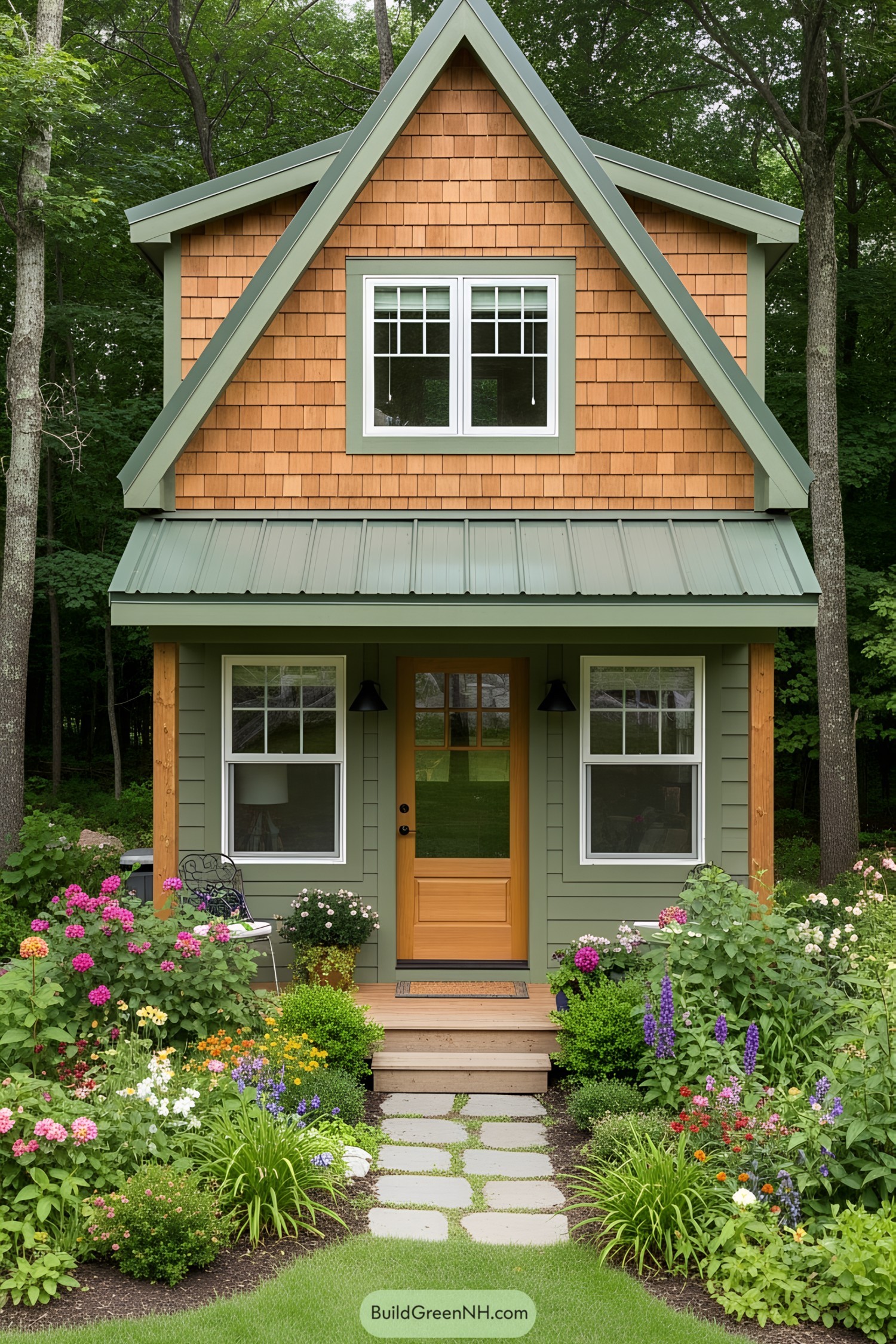 Cozy tiny house surrounded by colorful flowers
