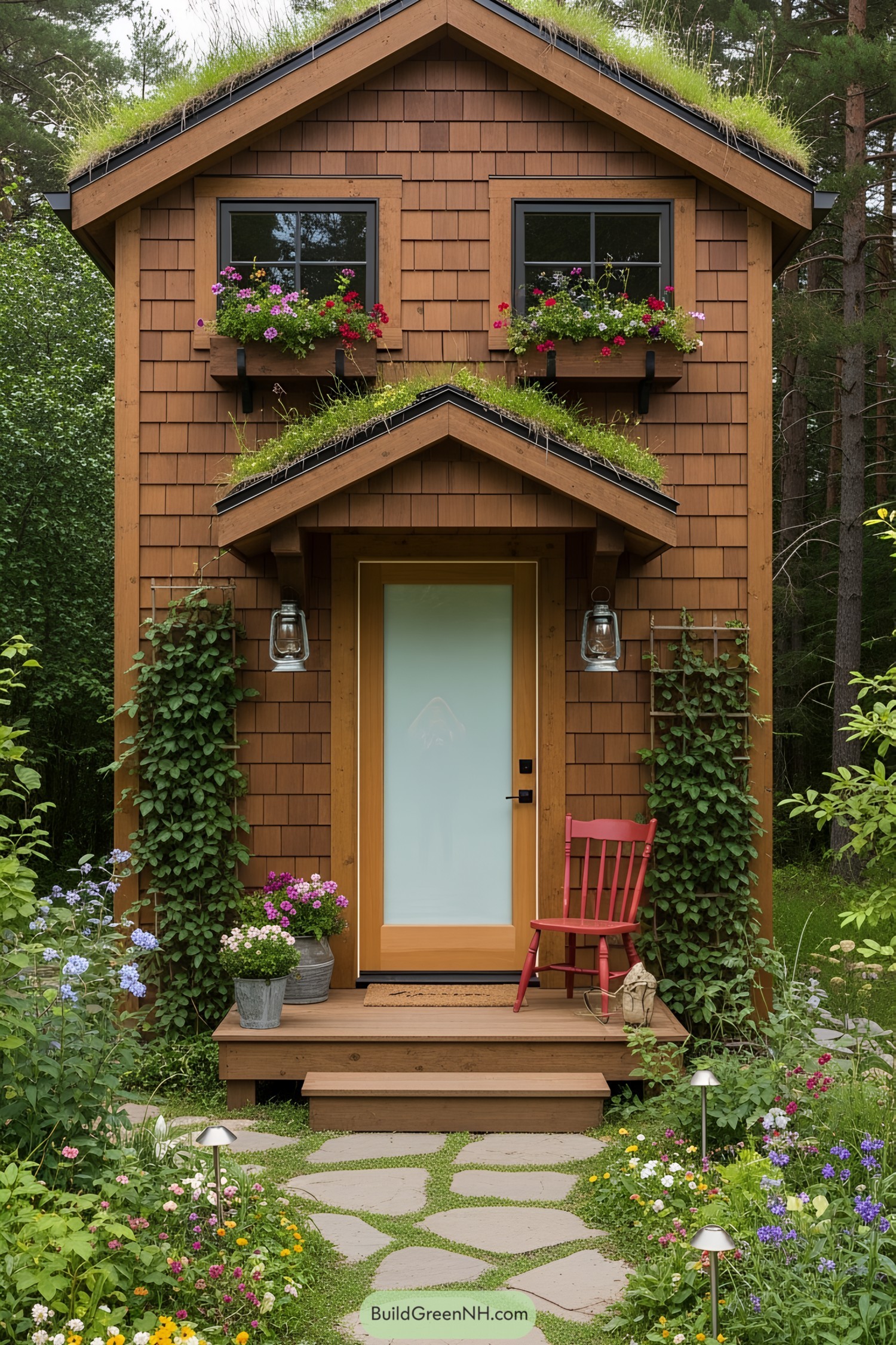 Small wooden house with flower boxes and grass roof