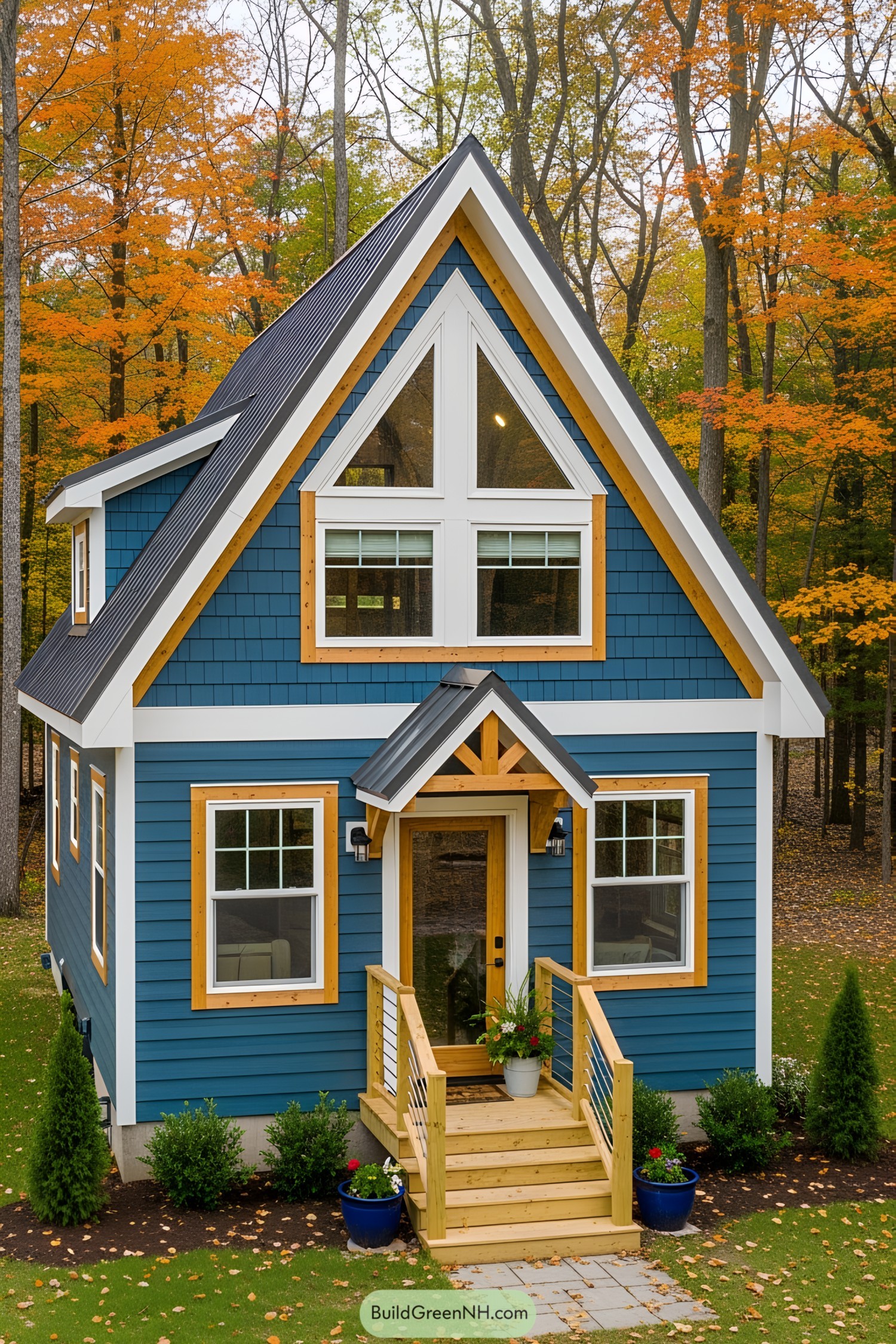 A tiny house with blue siding in a woodland setting during autumn