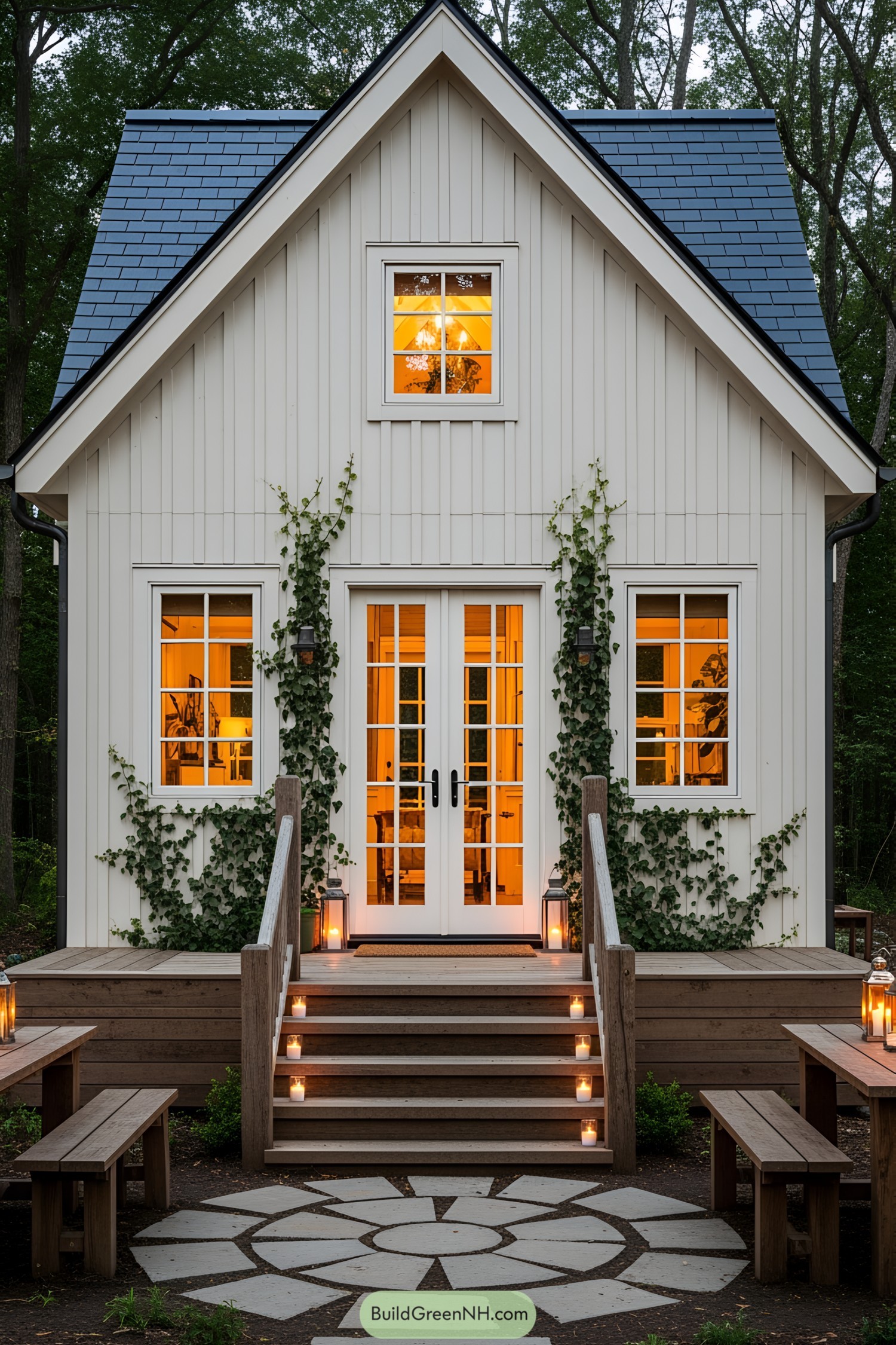 A quaint cottage with ivy-covered facade and warm glowing windows