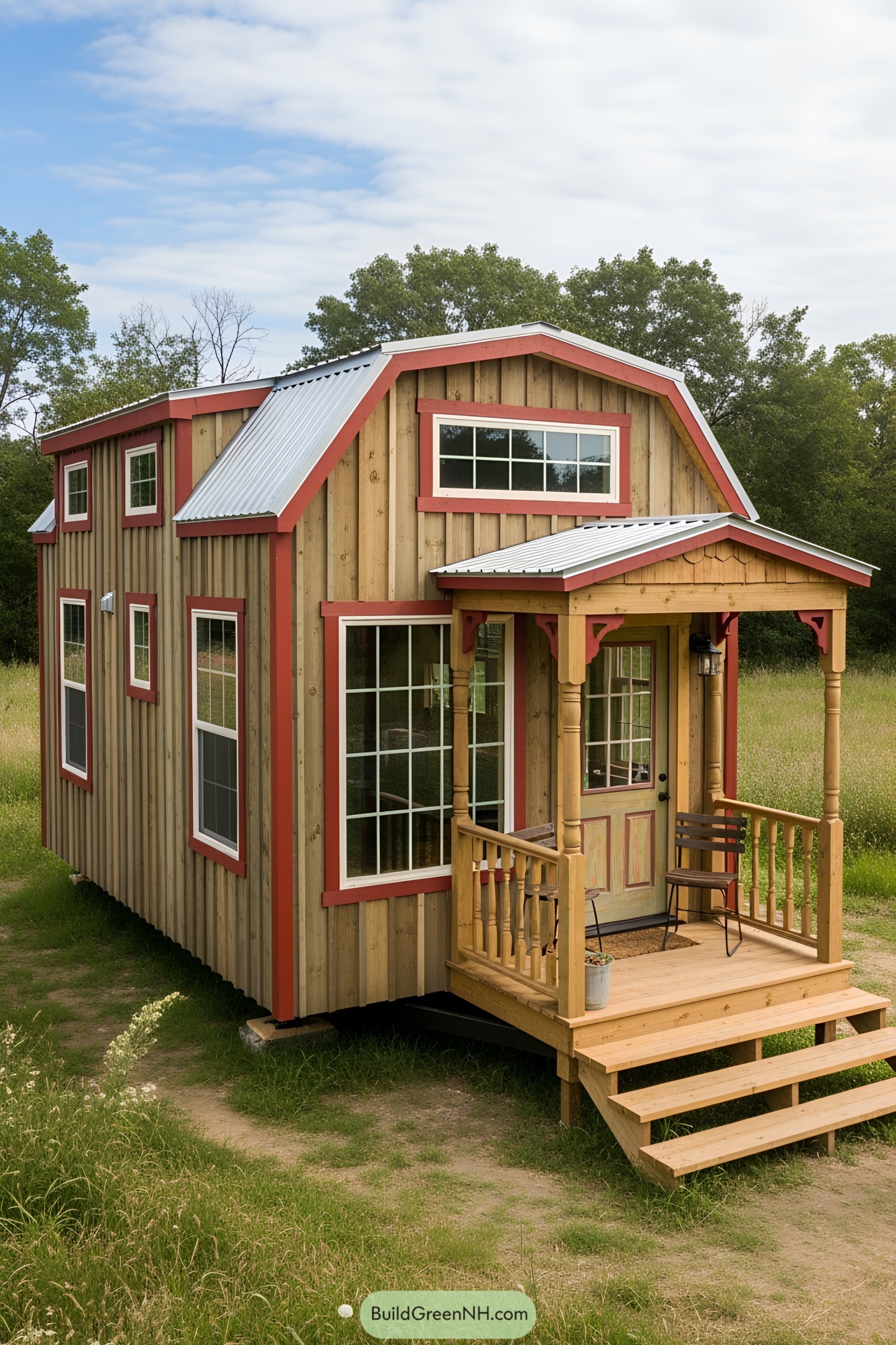 Tiny house with wood paneling and red trim