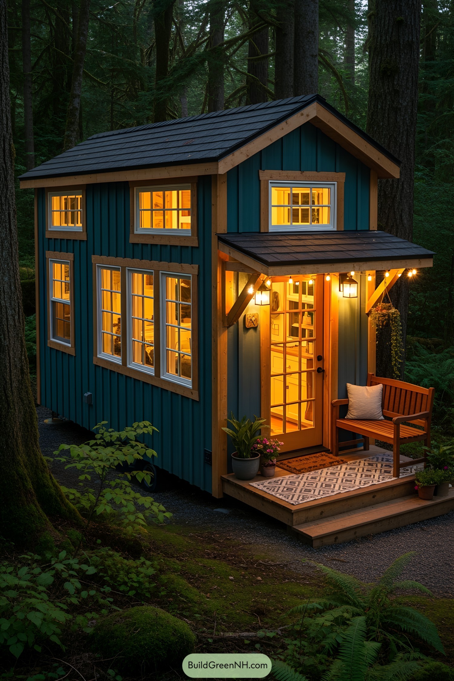 Cozy tiny house with lit windows in a forest setting