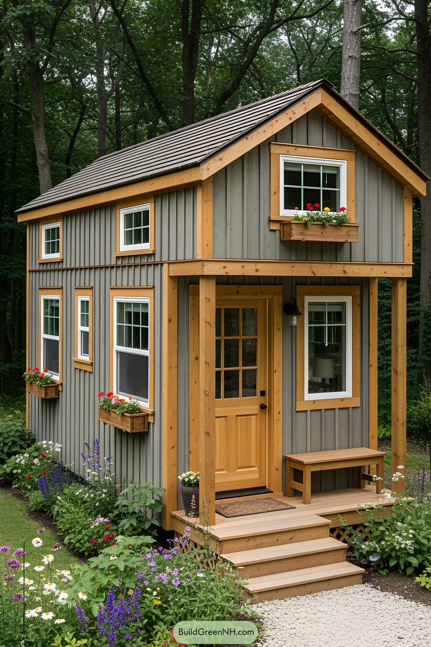 Charming gray tiny house with a golden door and flower boxes