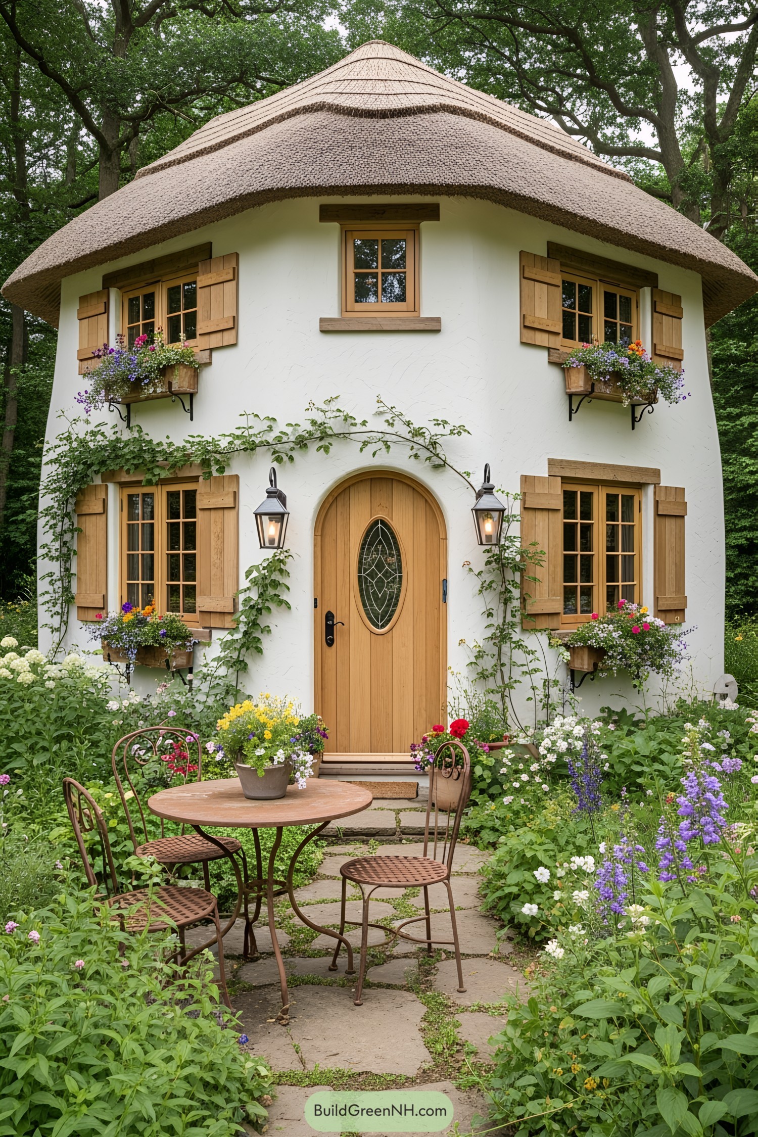 Round white cottage with thatched roof and blooming garden