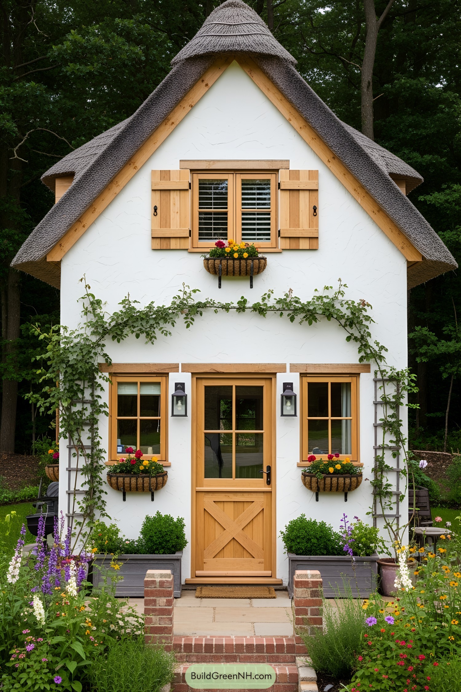 Tiny house with charming timber accents and flourishing greenery