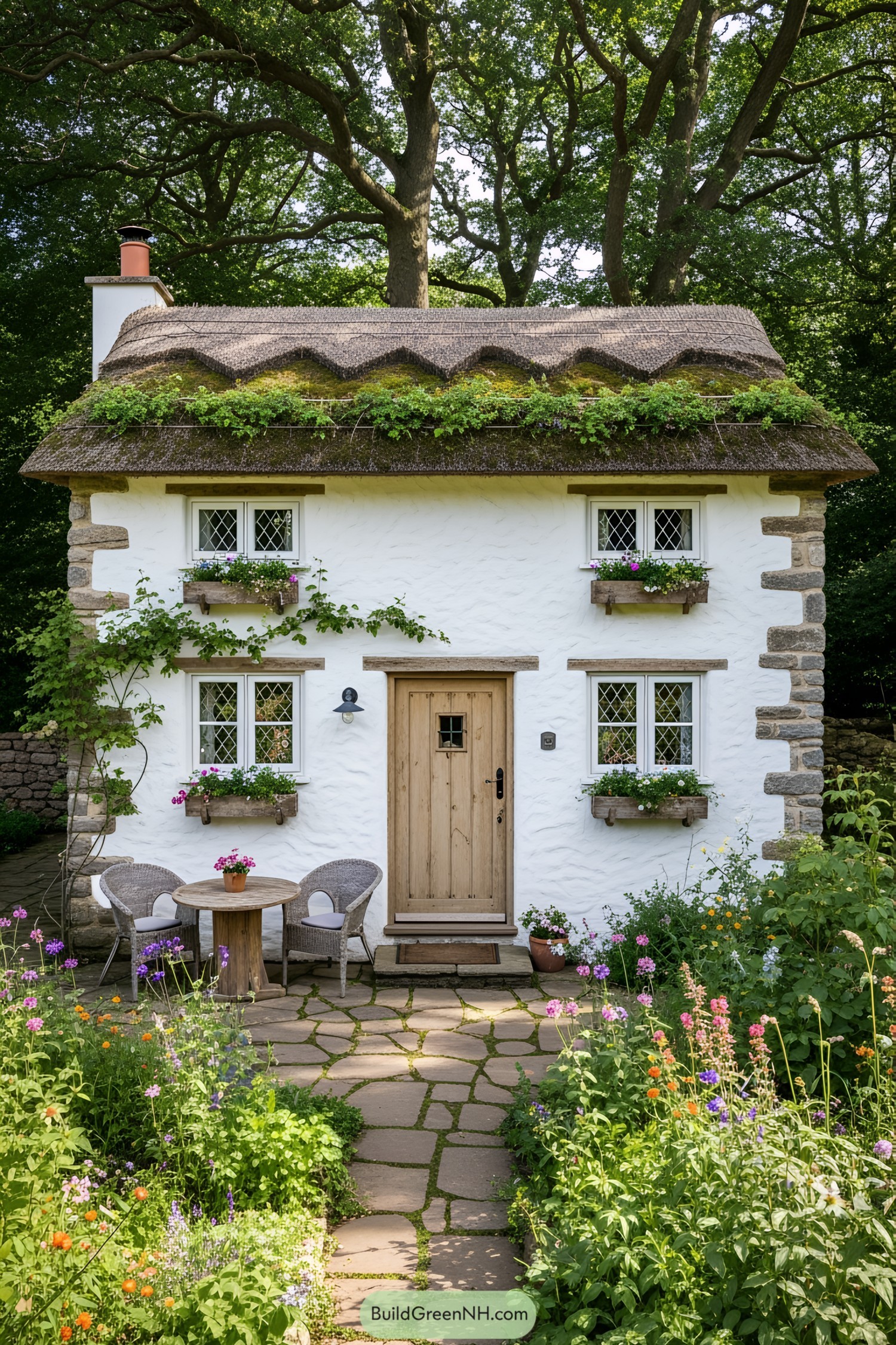 Charming white cottage with a thatched roof surrounded by lush greenery