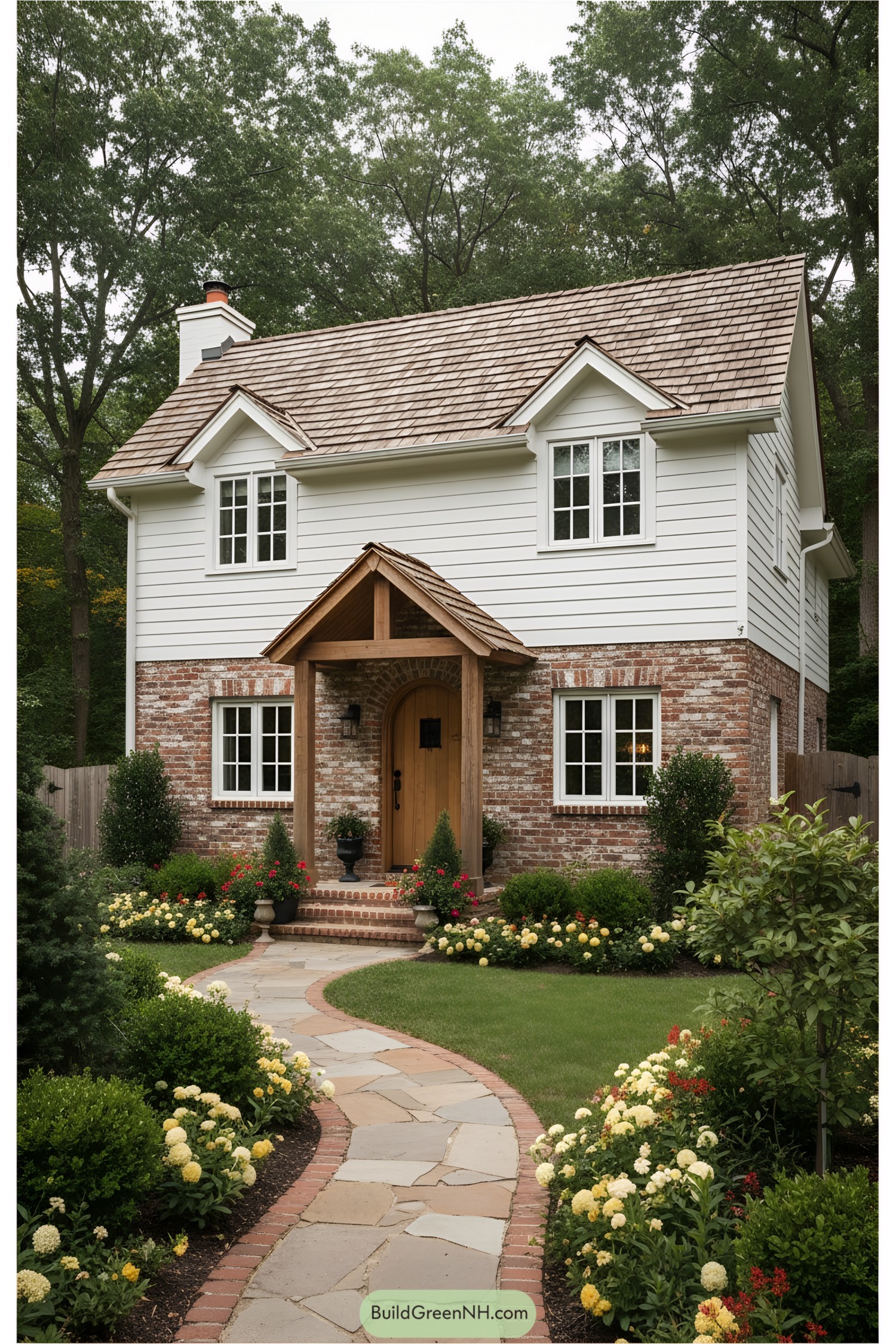 Charming cottage with brick and white siding
