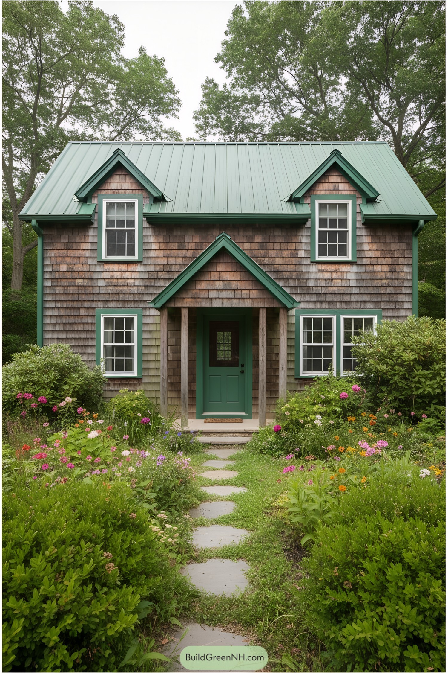 Charming cottage with a green roof and colorful garden