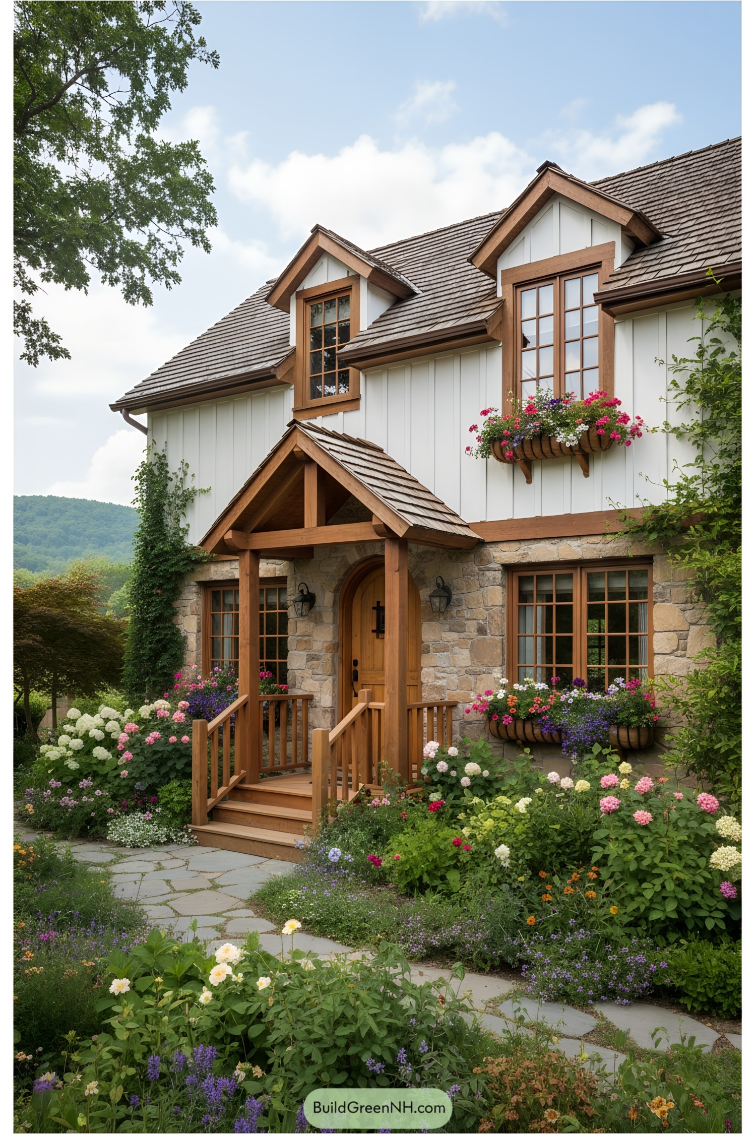 Cottage with wooden details, stone façade, and vibrant flowers