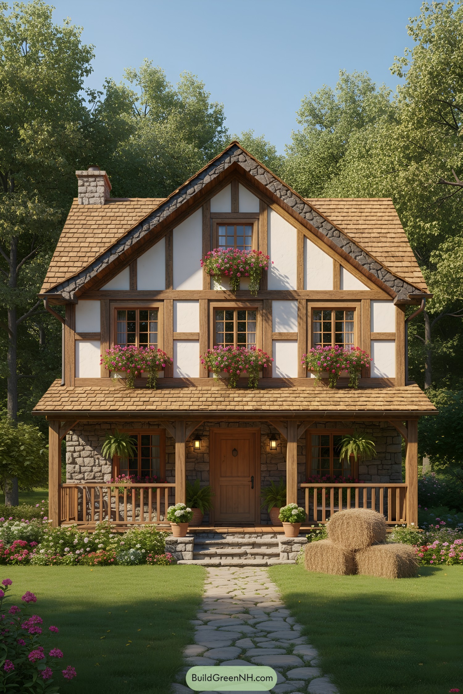 Cozy white and stone cottage with flower boxes and hay bales