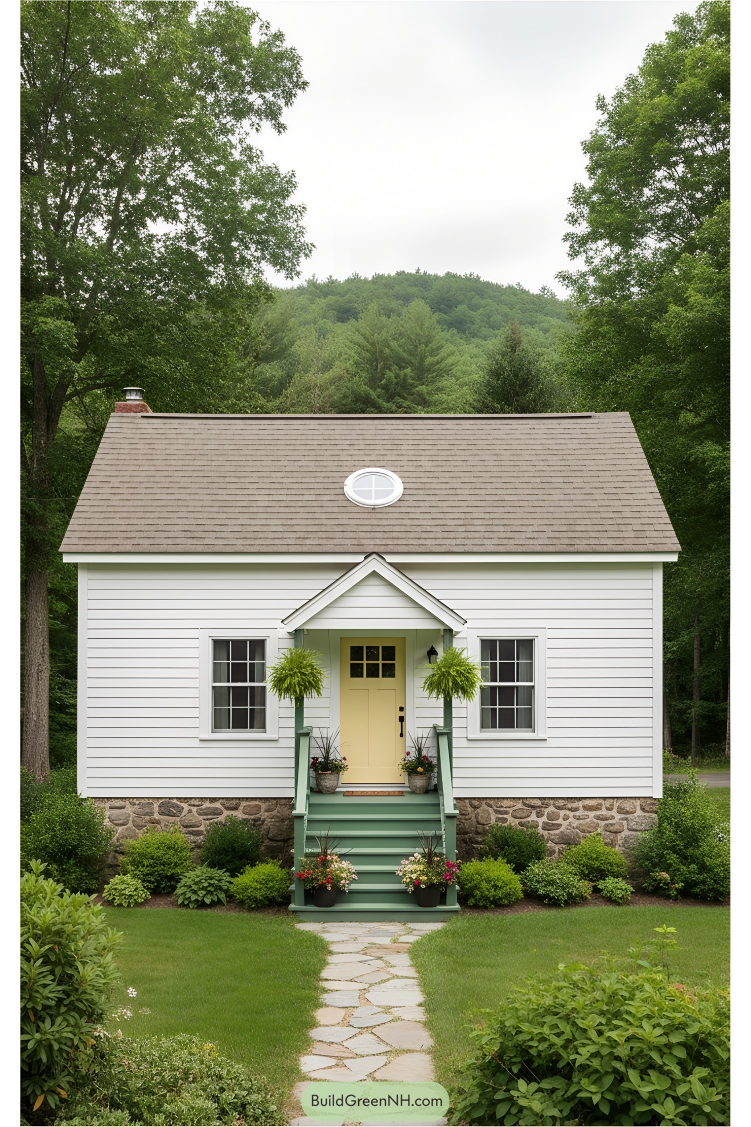 Small white cottage with a pop of yellow door