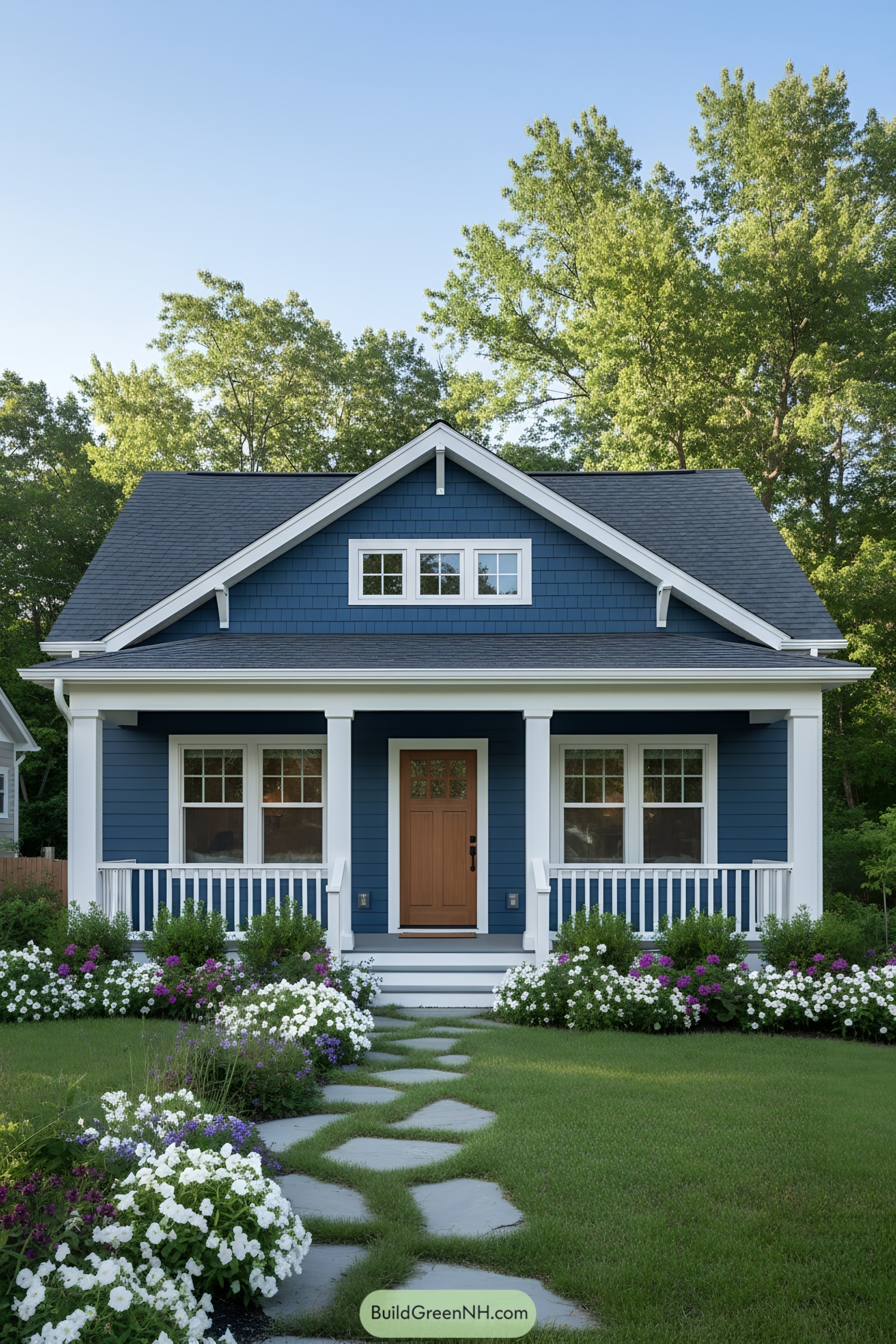 Compact blue cottage with a welcoming porch