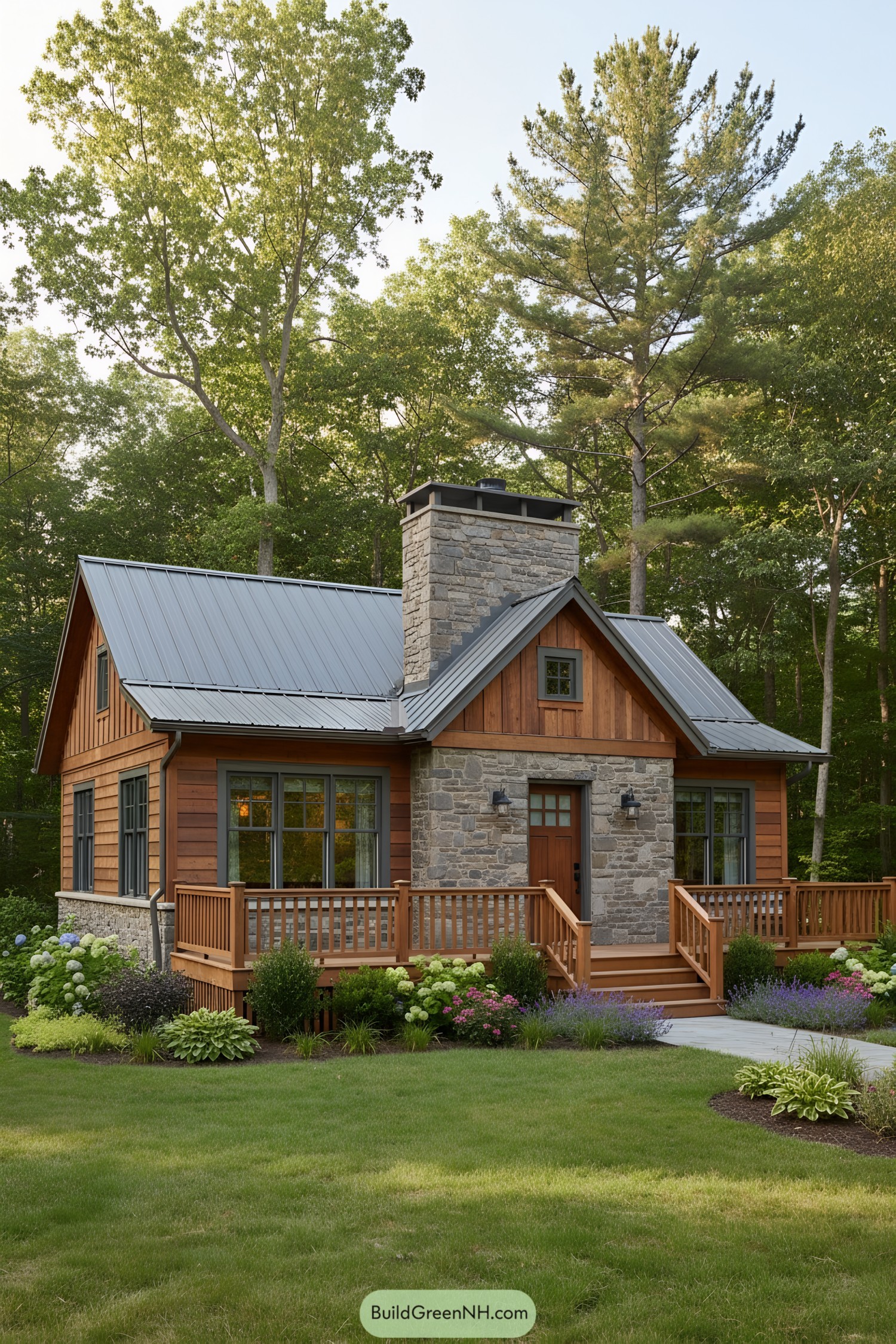 Small cottage with wooden and stone elements surrounded by greenery