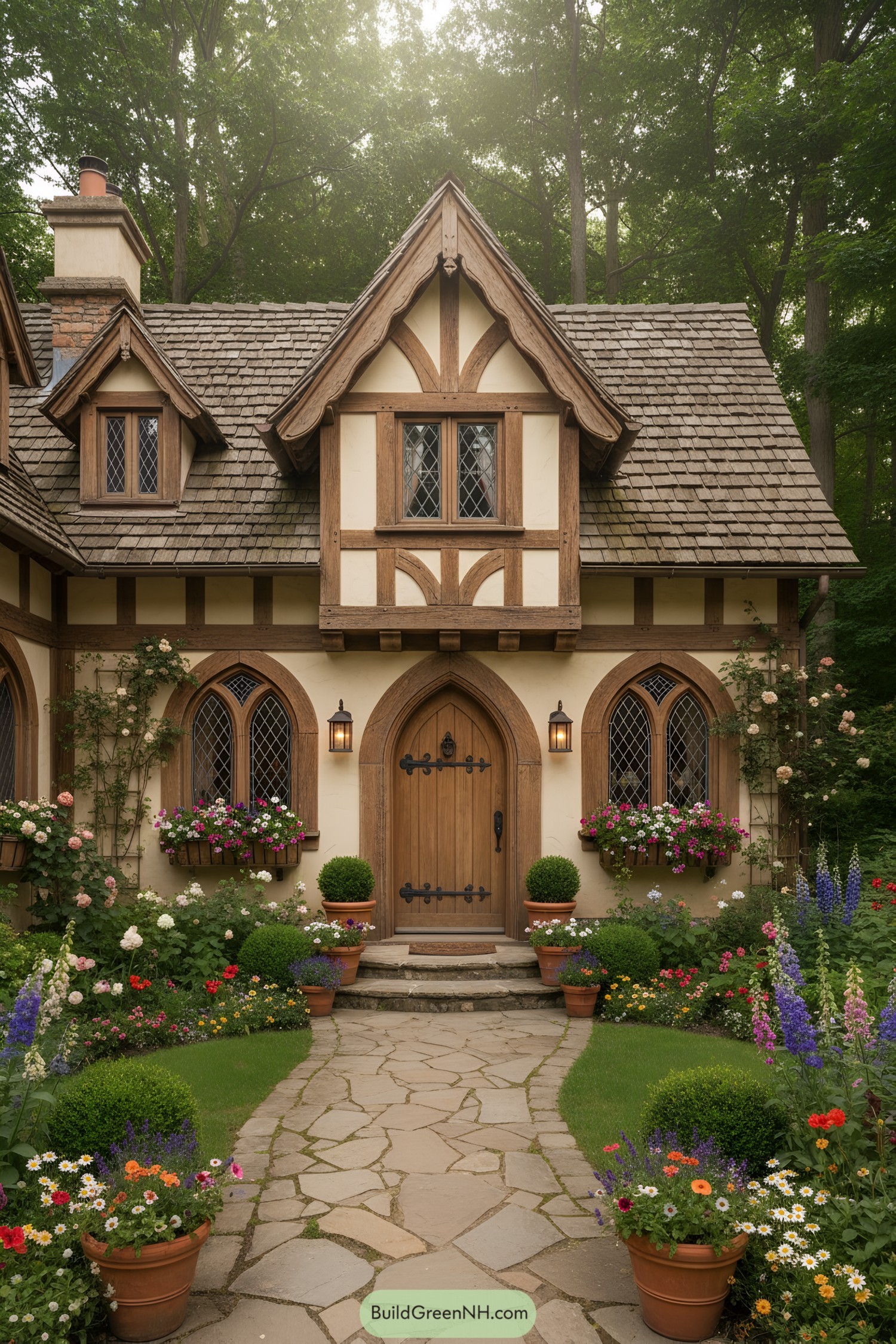 Quaint Tudor-style house with a flower-filled garden path