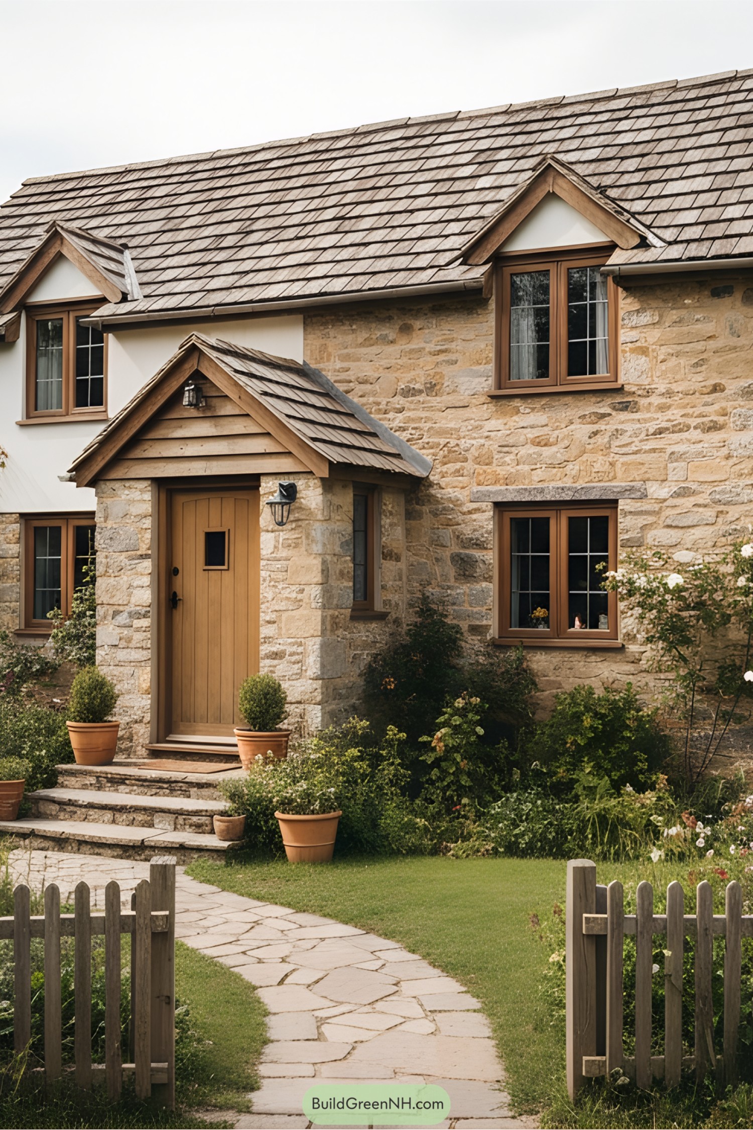 Charming stone cottage with a wooden door and shingled roof