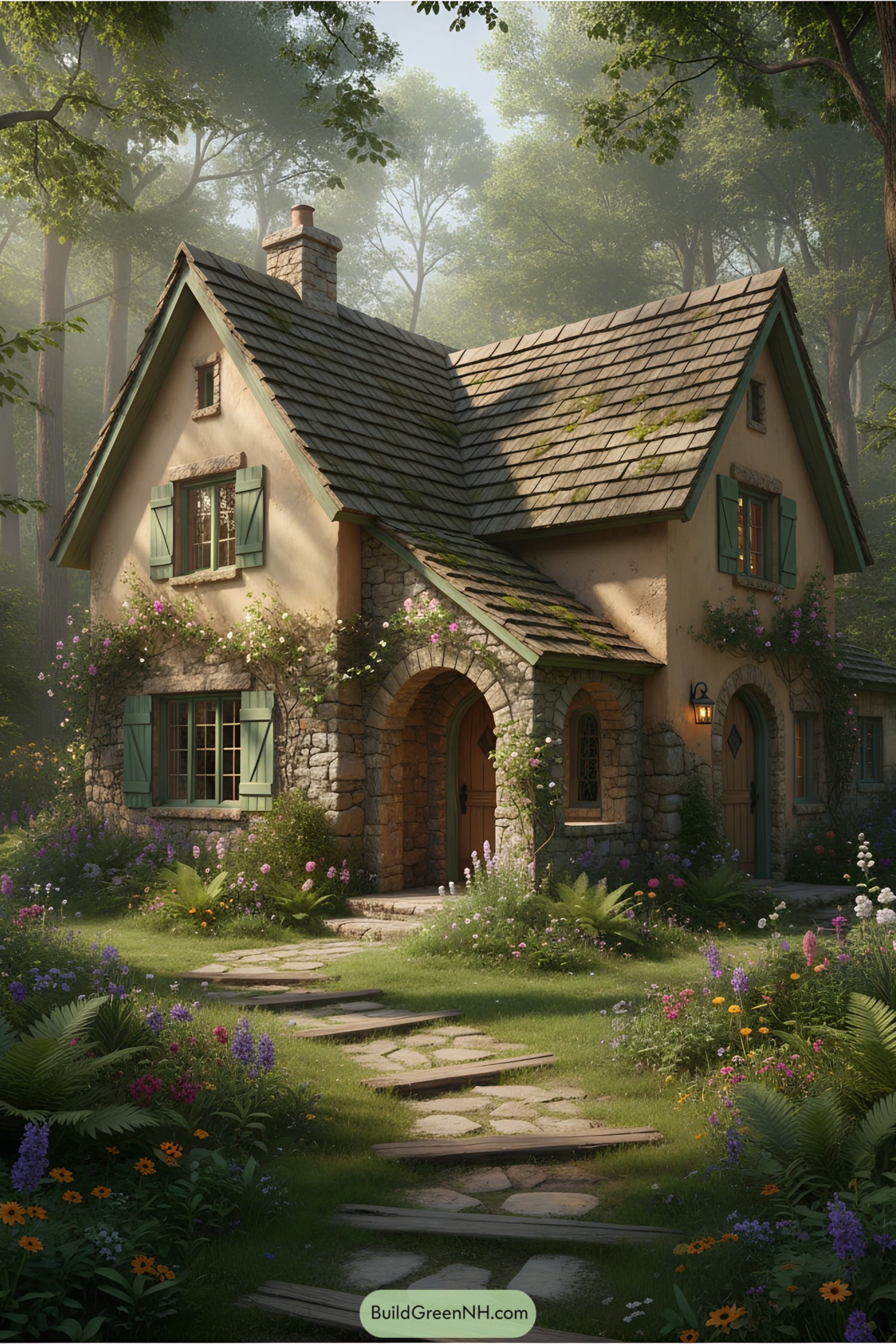 Charming cottage nestled among lush greenery with blooming flowers