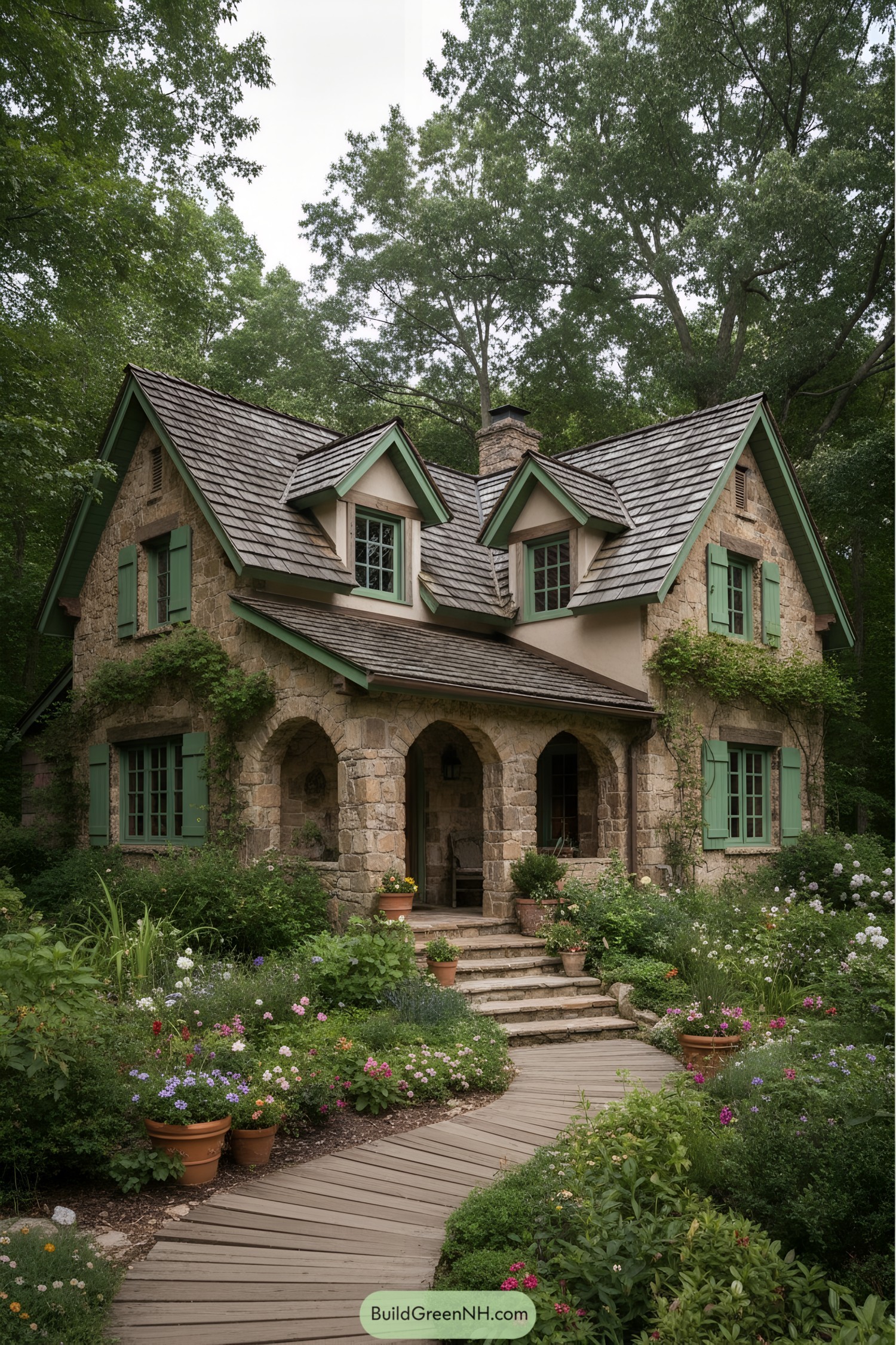 Stone cottage with green shutters and lush garden path