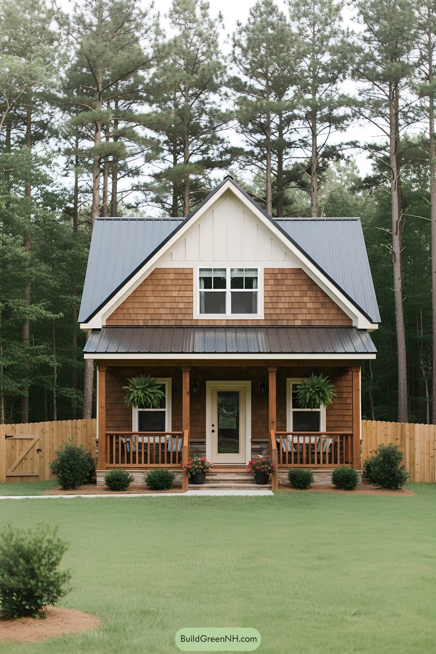 Cozy wood-shingled cottage with a metal roof surrounded by trees