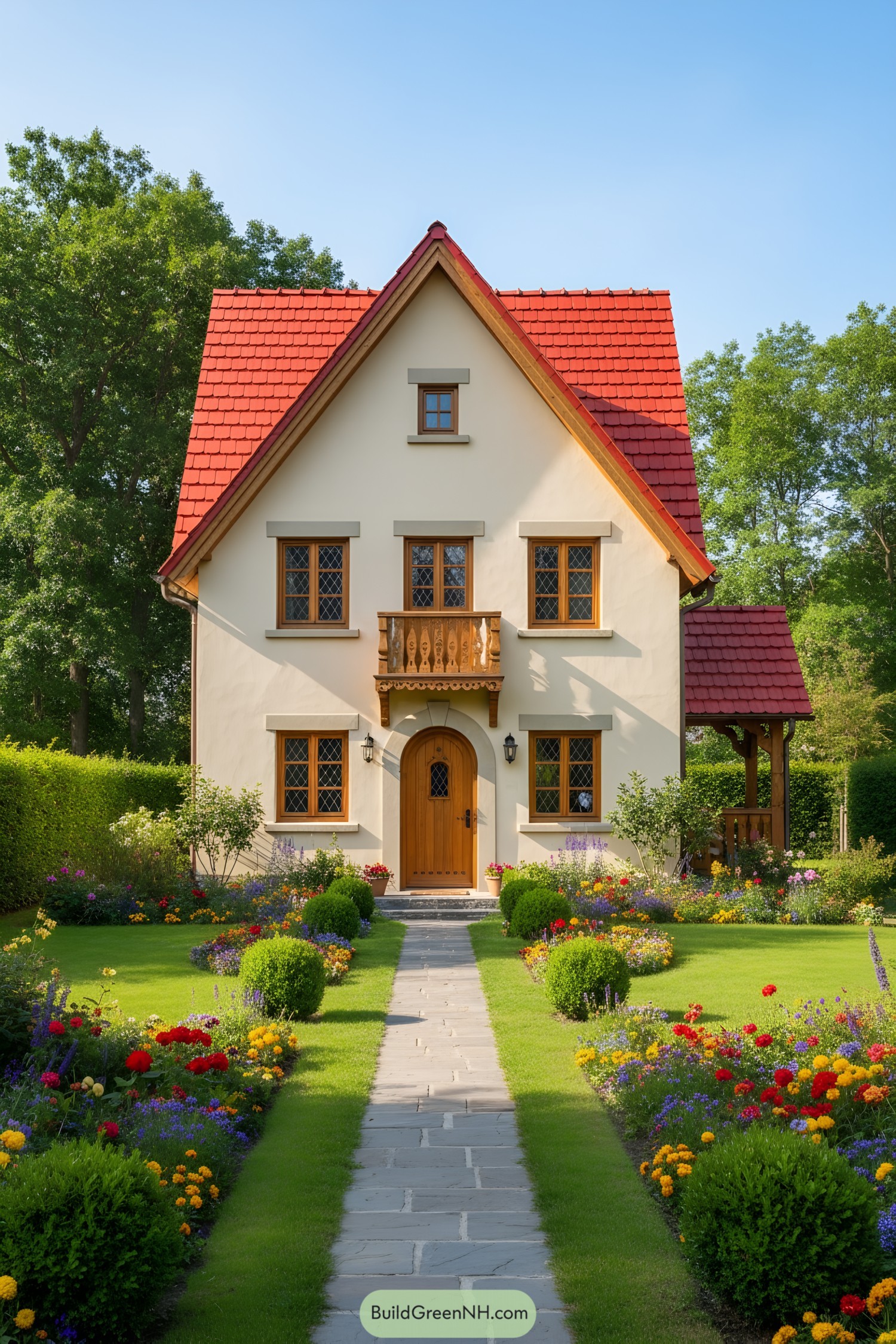 Charming cream cottage with red roof and floral garden