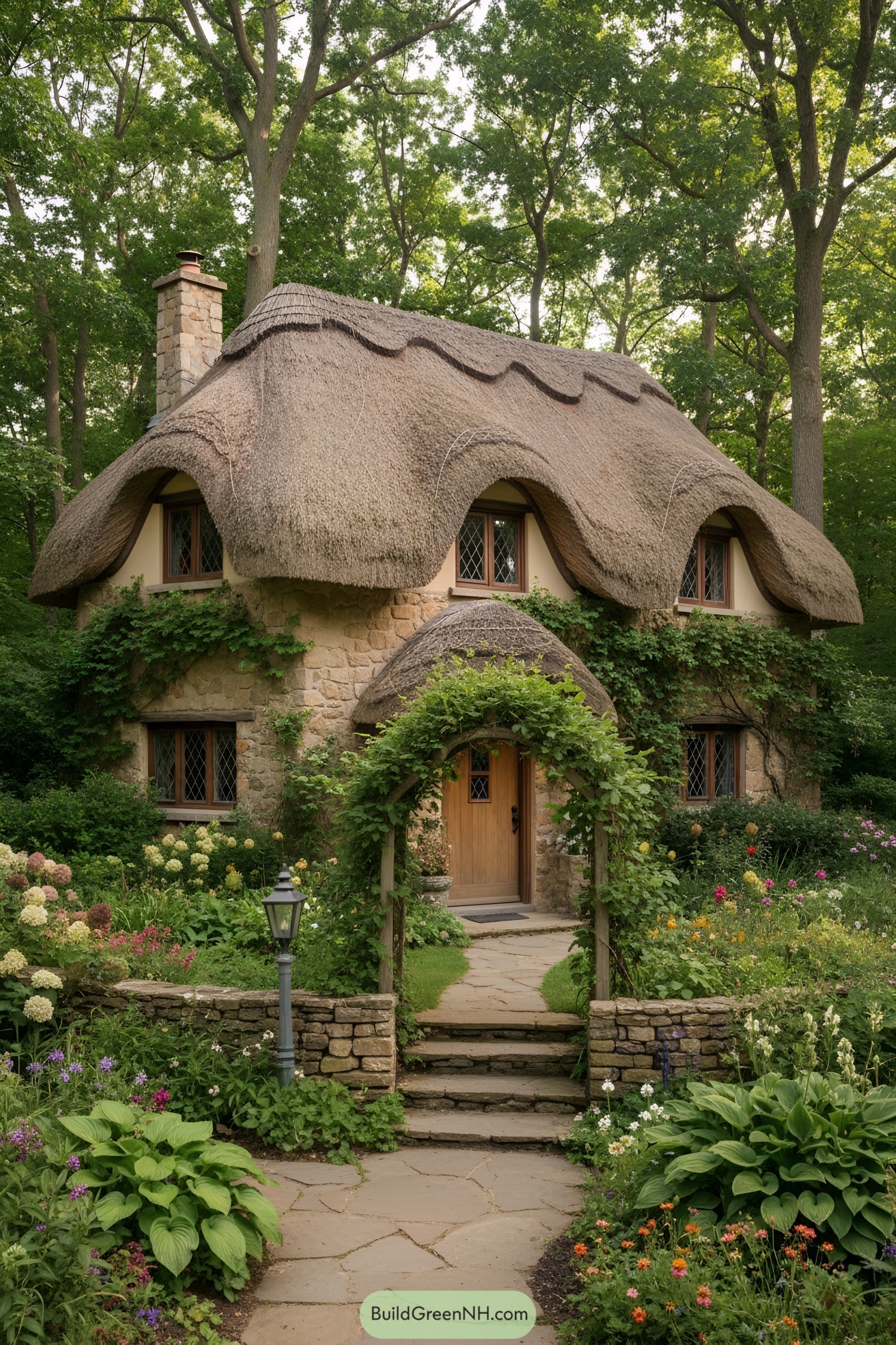 Charming stone cottage with a thatched roof and lush garden
