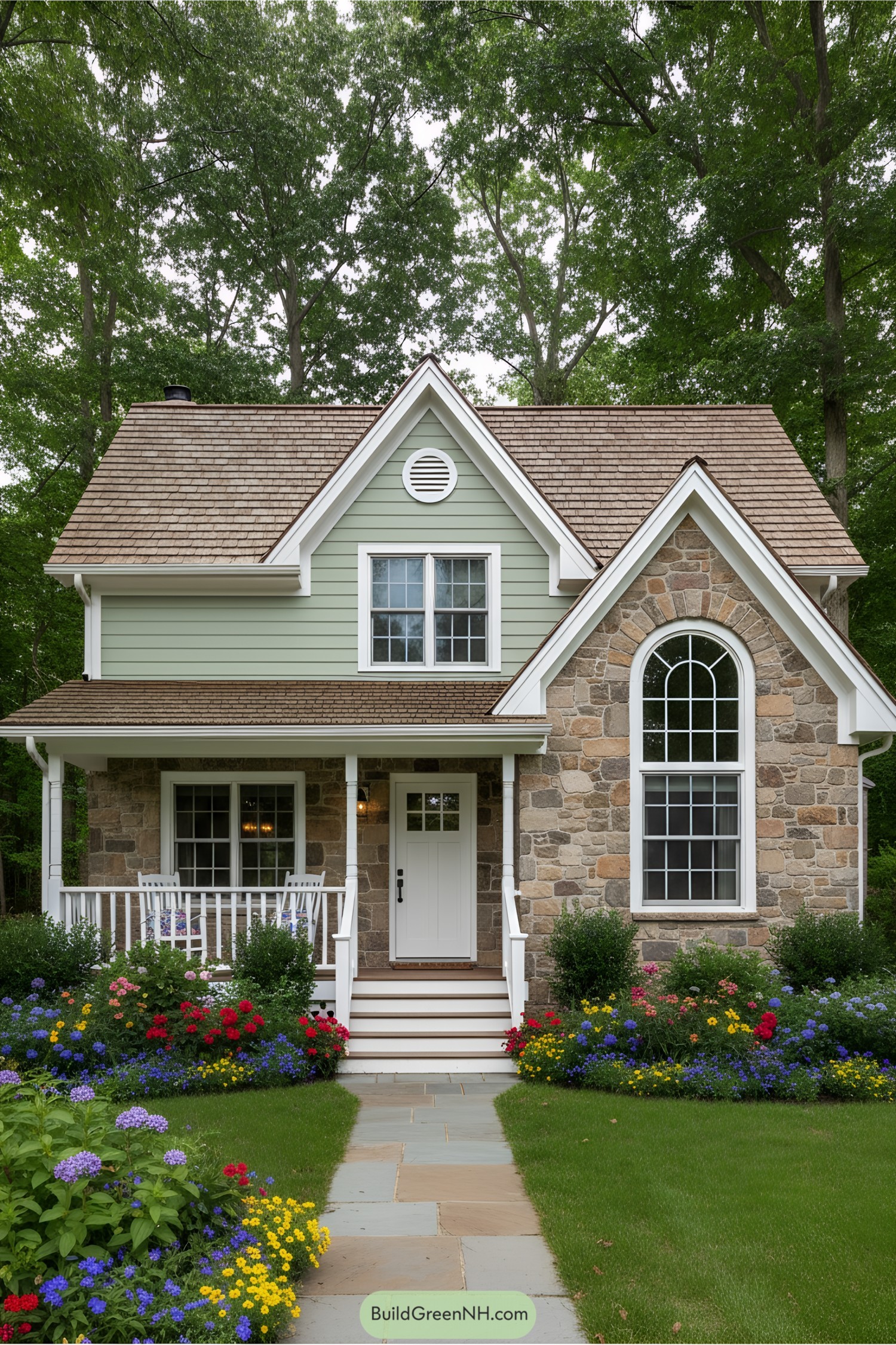 Charming stone cottage surrounded by lush greenery and colorful flowers