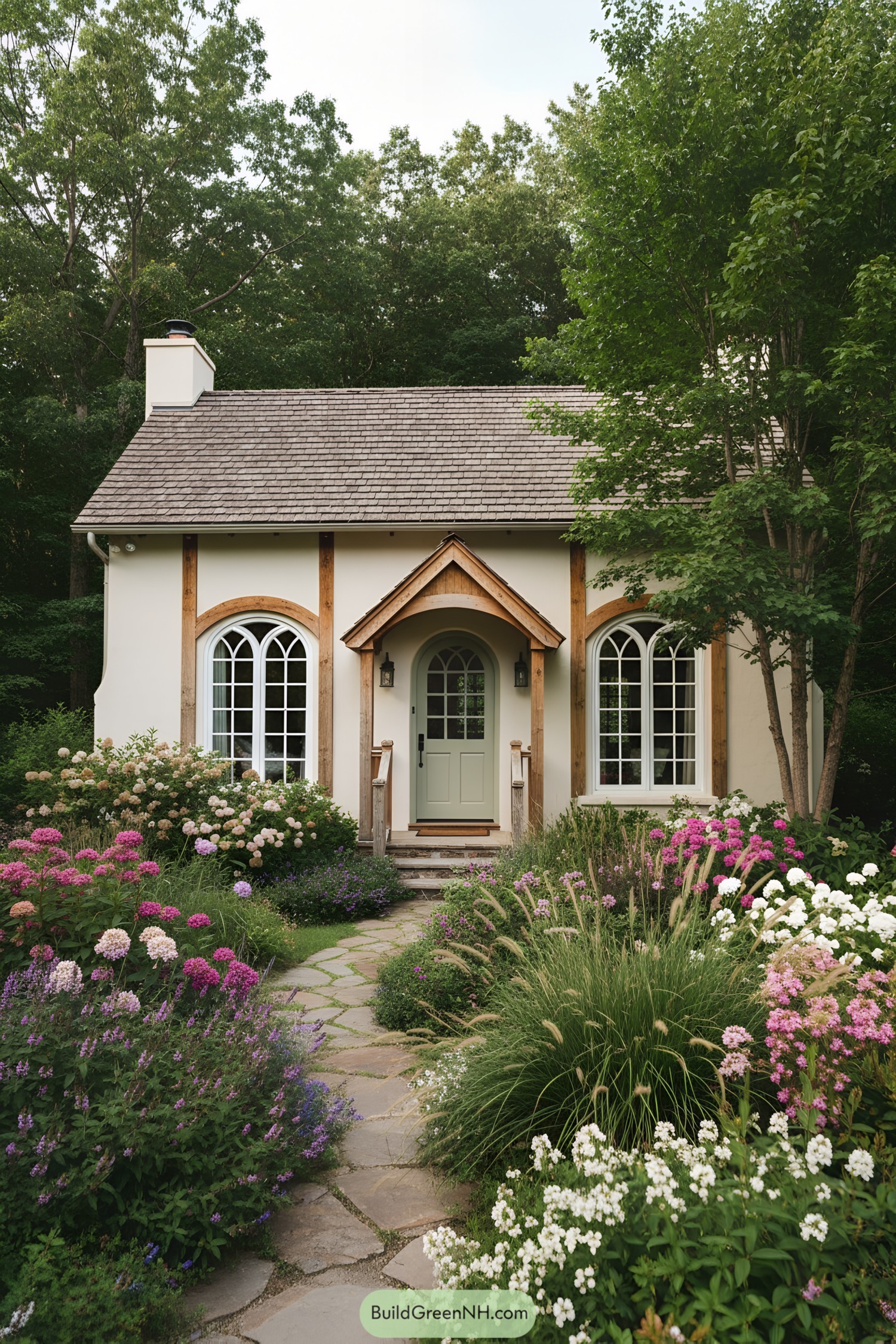 Cozy cream cottage surrounded by vibrant flowers and lush greenery