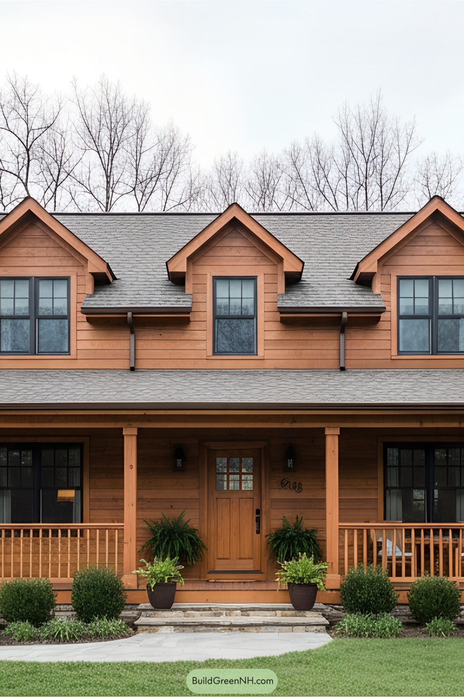 Cedar cottage with three dormer windows