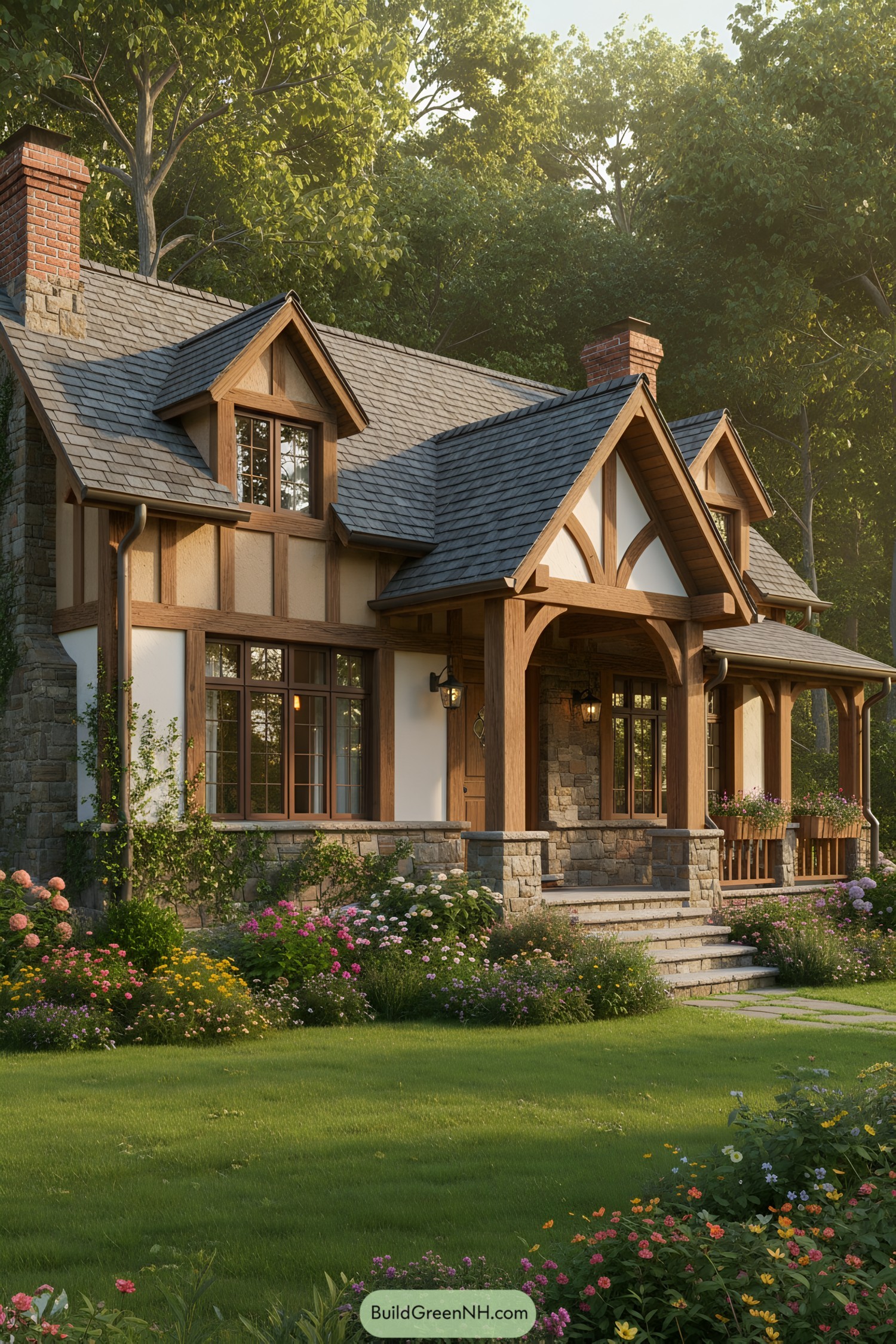 Stone and wooden cottage with a flower garden
