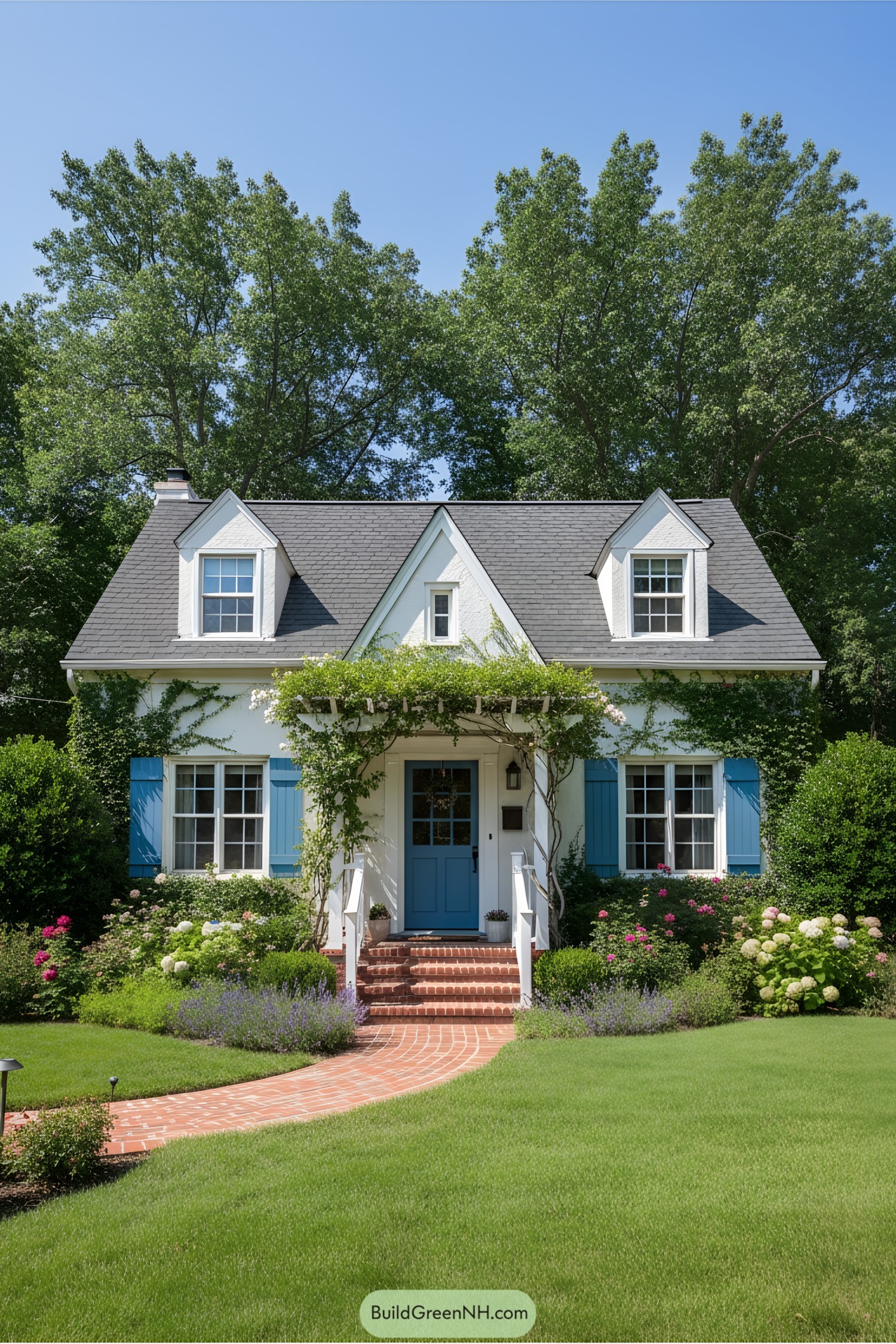 White cottage with blue accents and lush garden