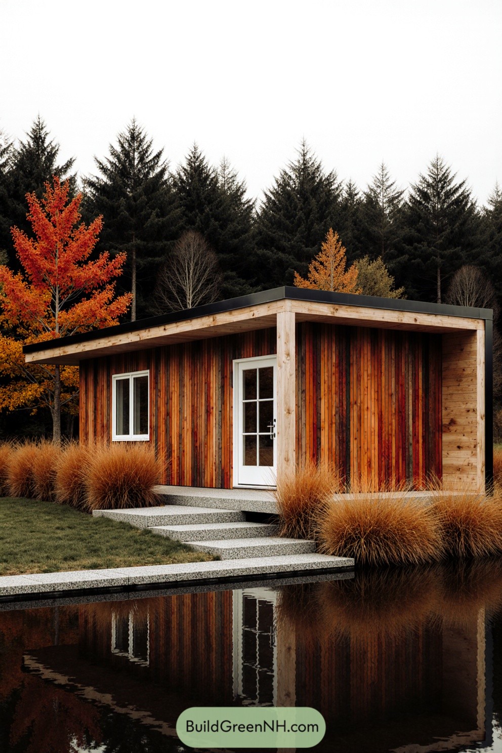 Small modern cabin with colorful wood panels by a pond