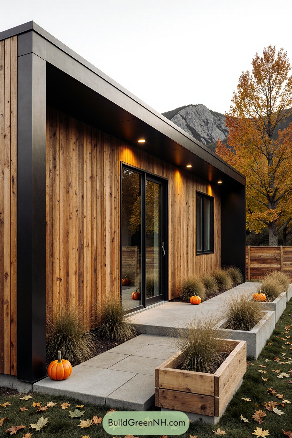 Modern cabin with wooden exterior surrounded by autumn leaves