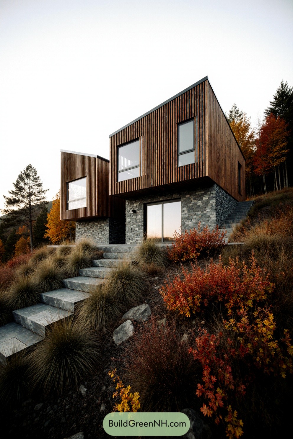 Contemporary cabin with wooden facade and stone base set among fall foliage