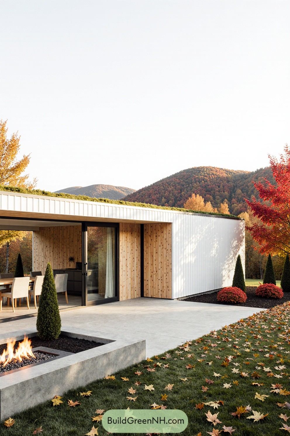 Modern cabin surrounded by fall foliage