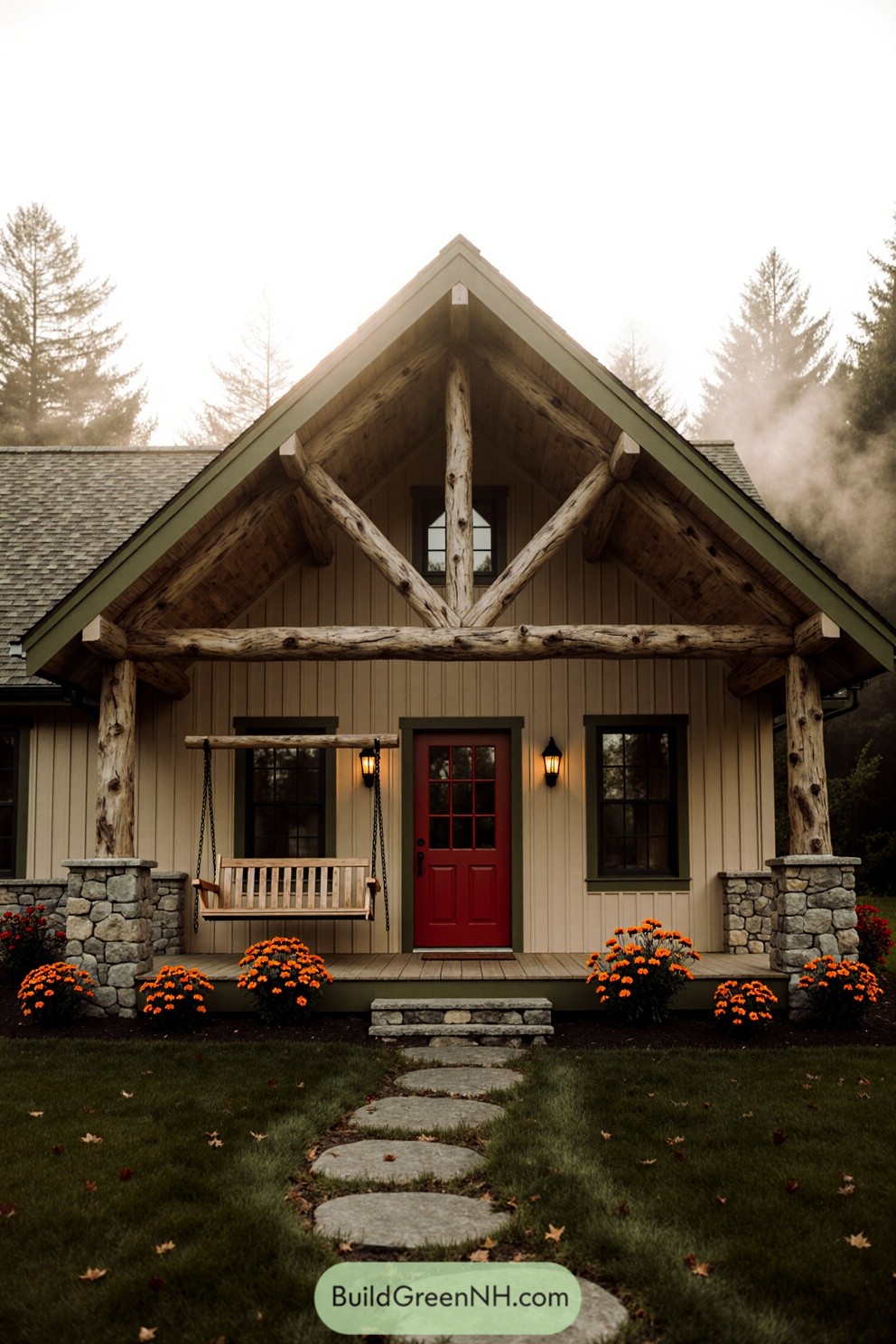 Charming log cabin with red door and flower accents